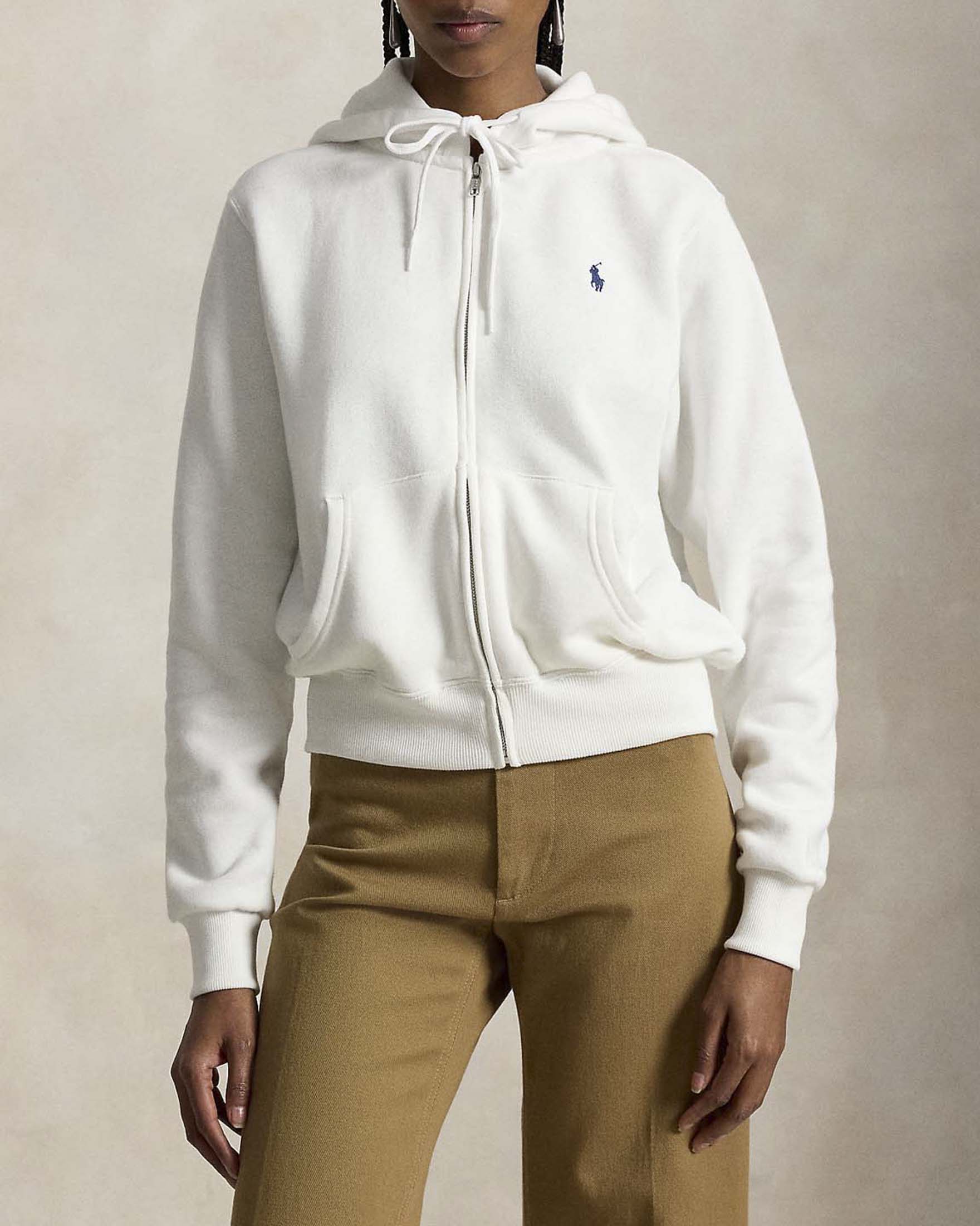 Felpa con cappuccio Polo Ralph Lauren bianca in cotone leggero con full zip e logo Pony ricamato