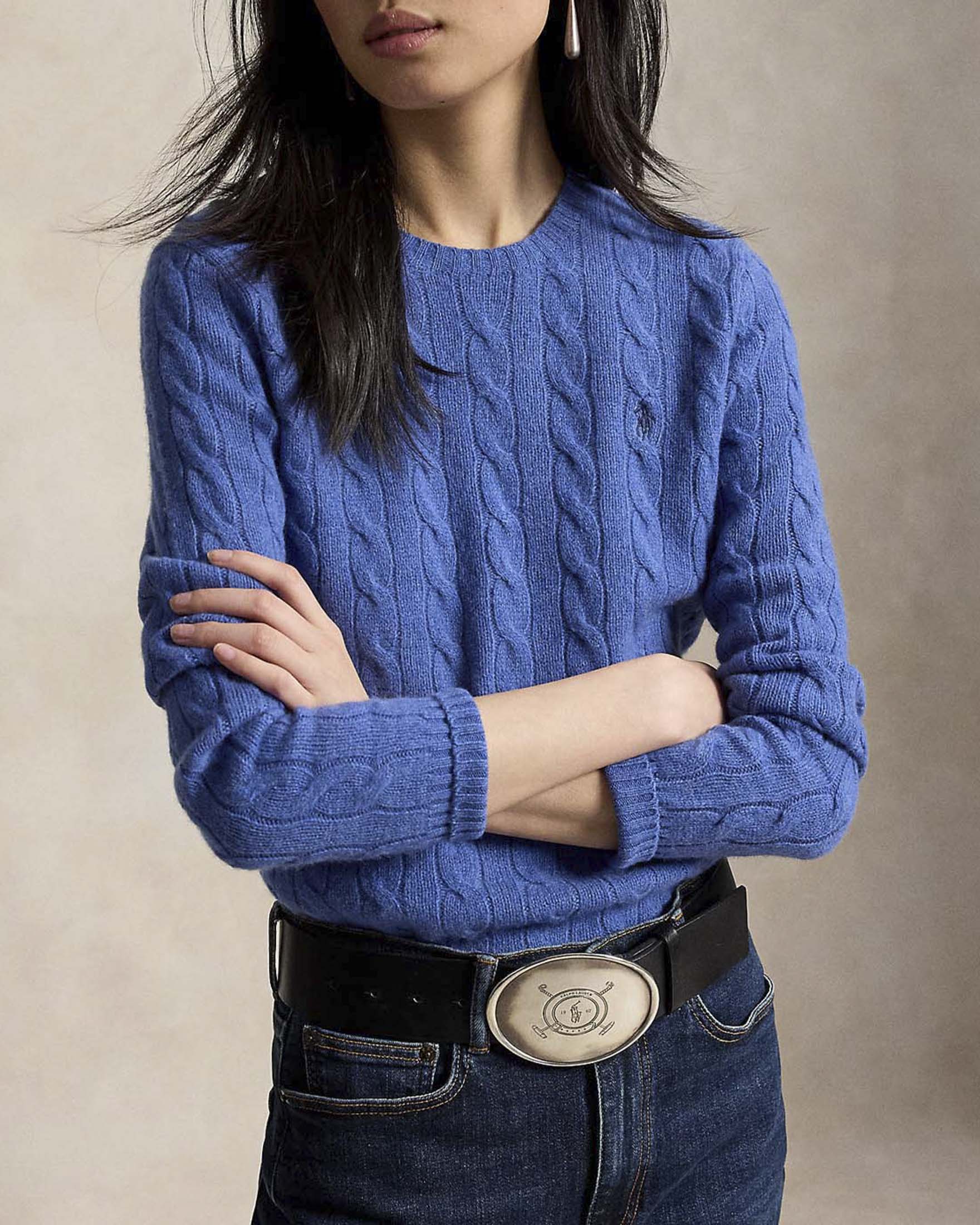 Maglione girocollo Polo Ralph Lauren blu in lana e cachemire a trecce con logo Pony ricamato