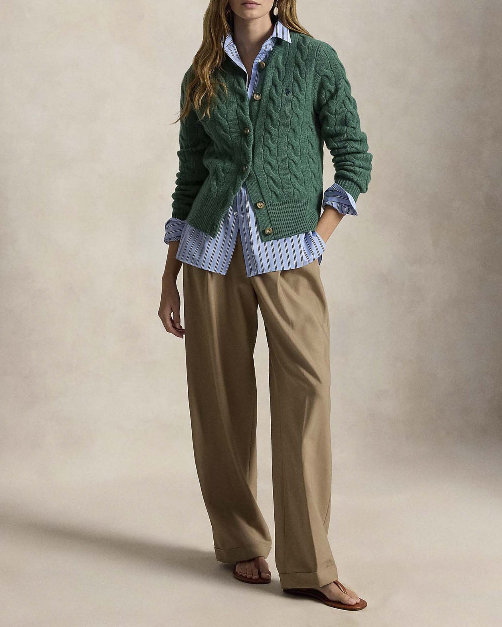 Cardigan slim Polo Ralph Lauren verde in lana e cachemire a trecce con logo Pony ricamato image
