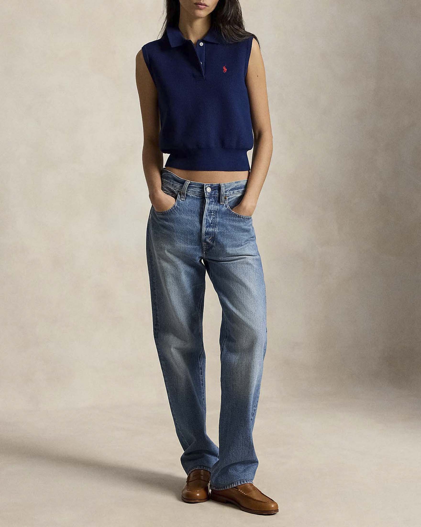 Polo crop senza maniche Polo Ralph Lauren blu in maglia di cotone con Pony ricamato image