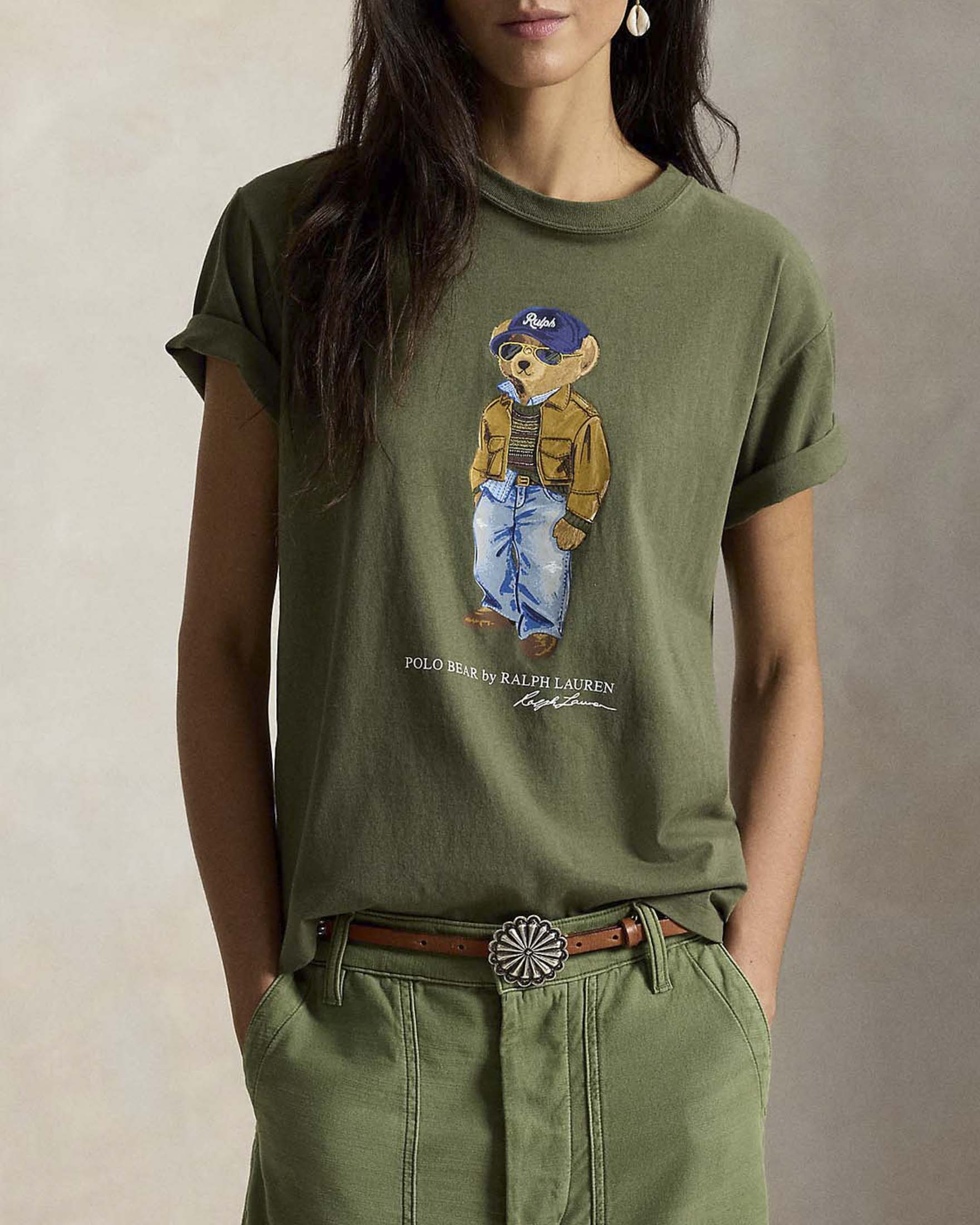 T-shirt Polo Ralph Lauren verde in jersey di cotone con stampa Polo Bear