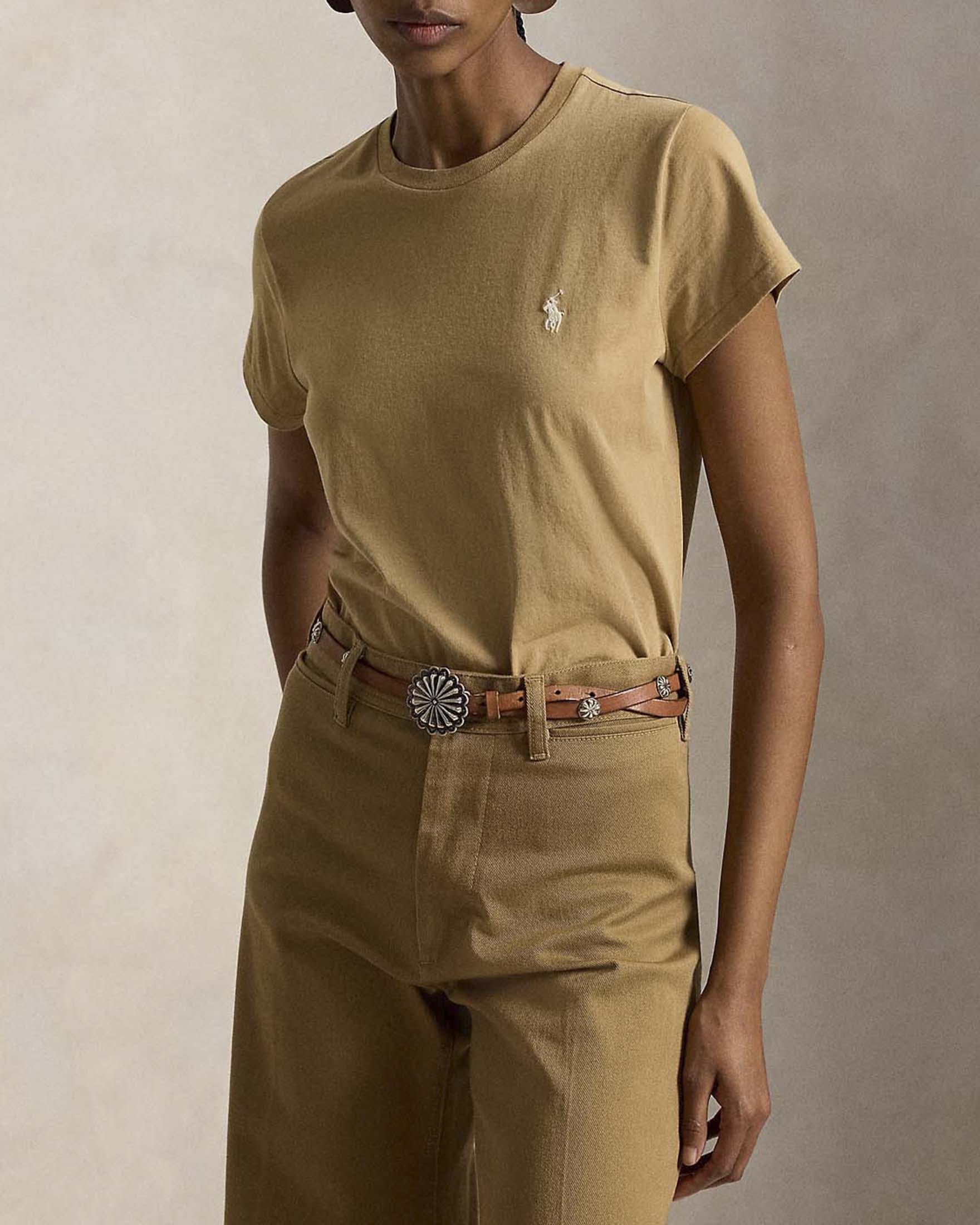 T-shirt girocollo Polo Ralph Lauren cammello in jersey di cotone con logo Pony ricamato