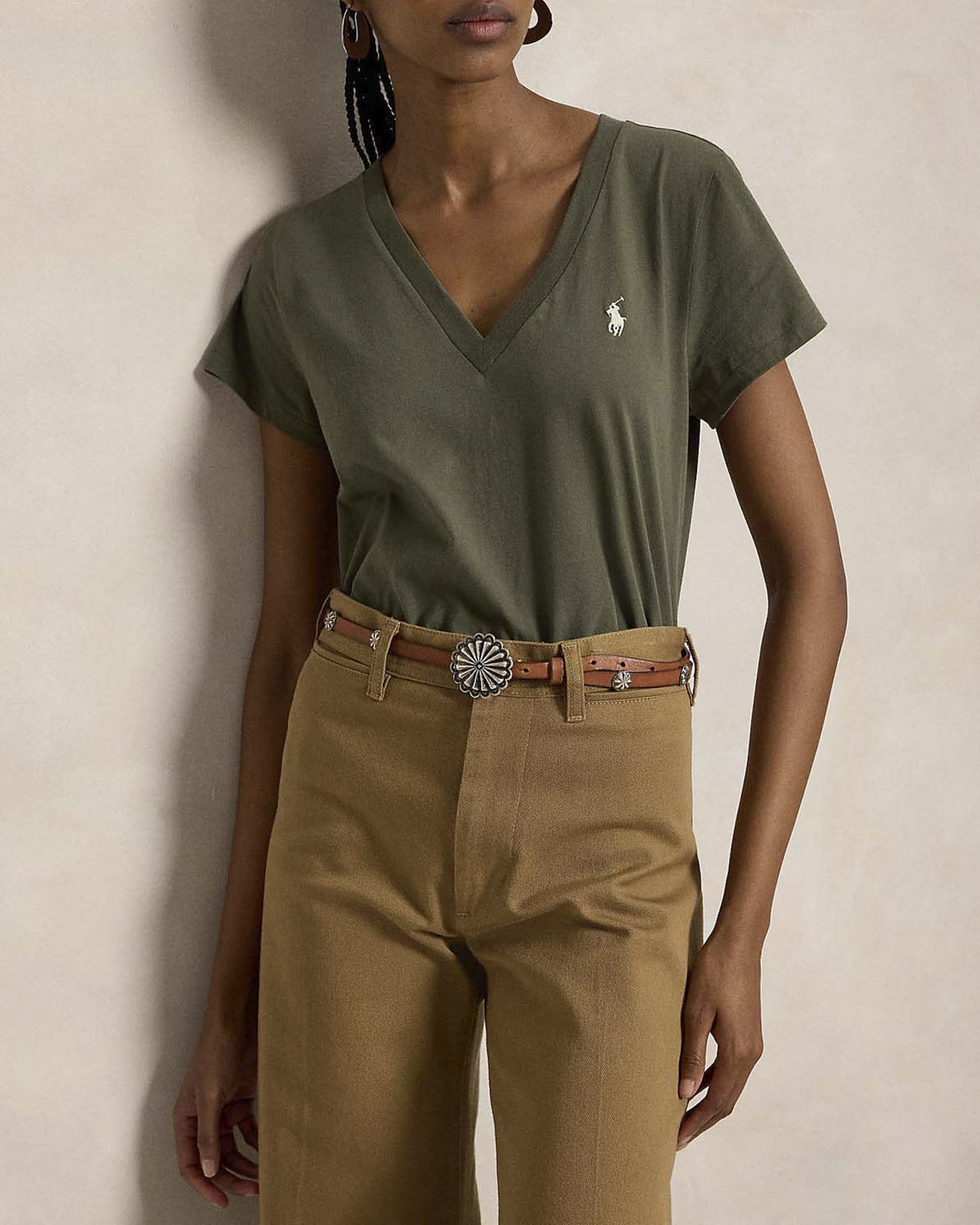 T-shirt Polo Ralph Lauren verde militare in cotone con scollo a V e logo Pony ricamato
