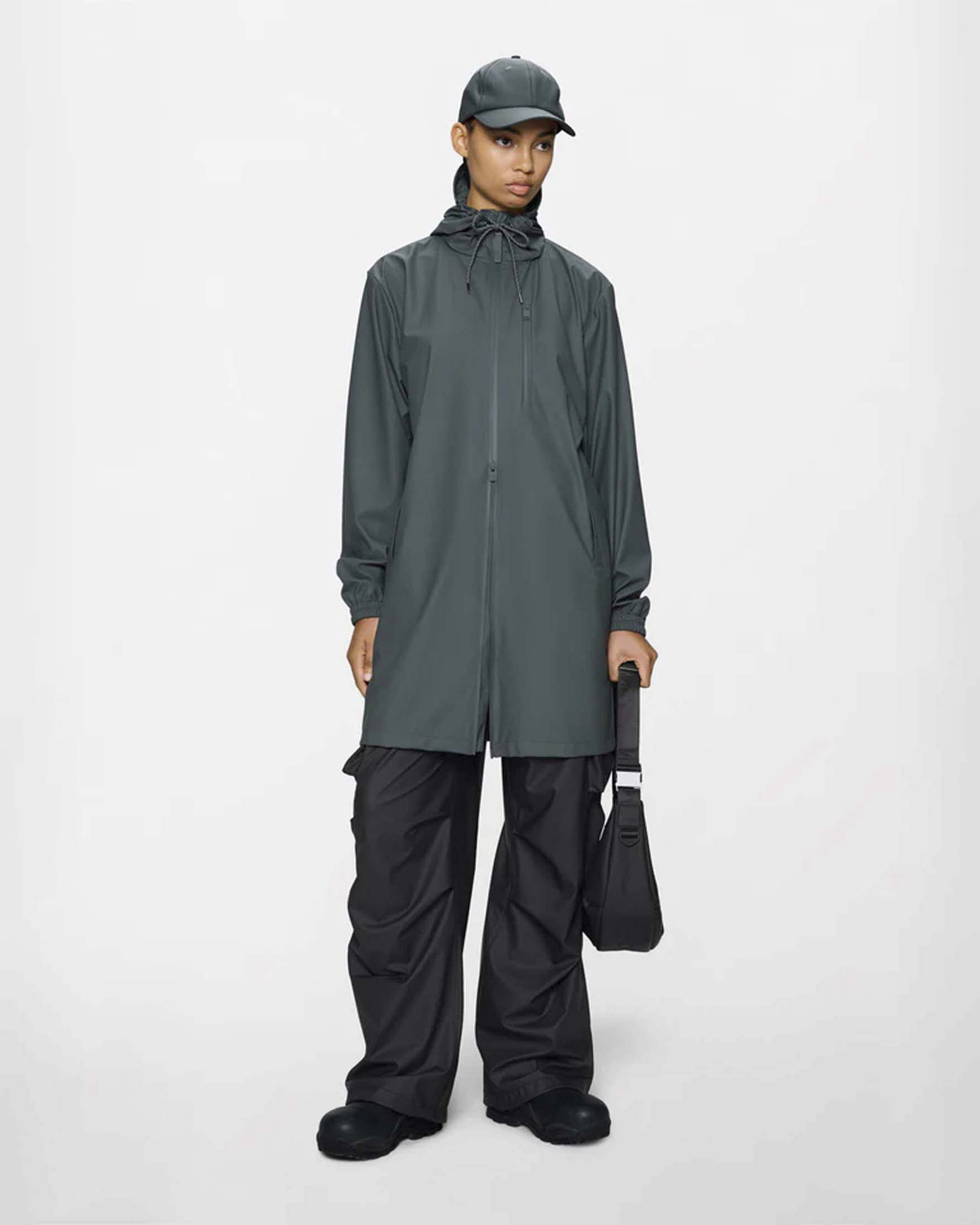 Giacca impermeabile Long Storm Breaker Rains grigia con cappuccio dotato di coulisse e visiera