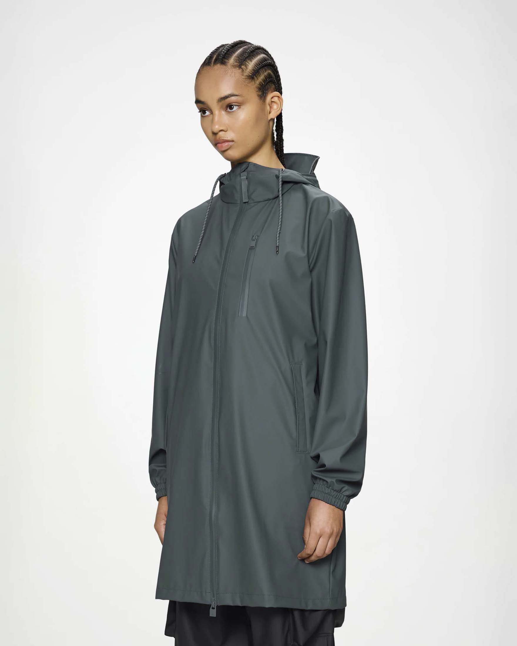 Giacca impermeabile Long Storm Breaker Rains grigia con cappuccio dotato di coulisse e visiera image