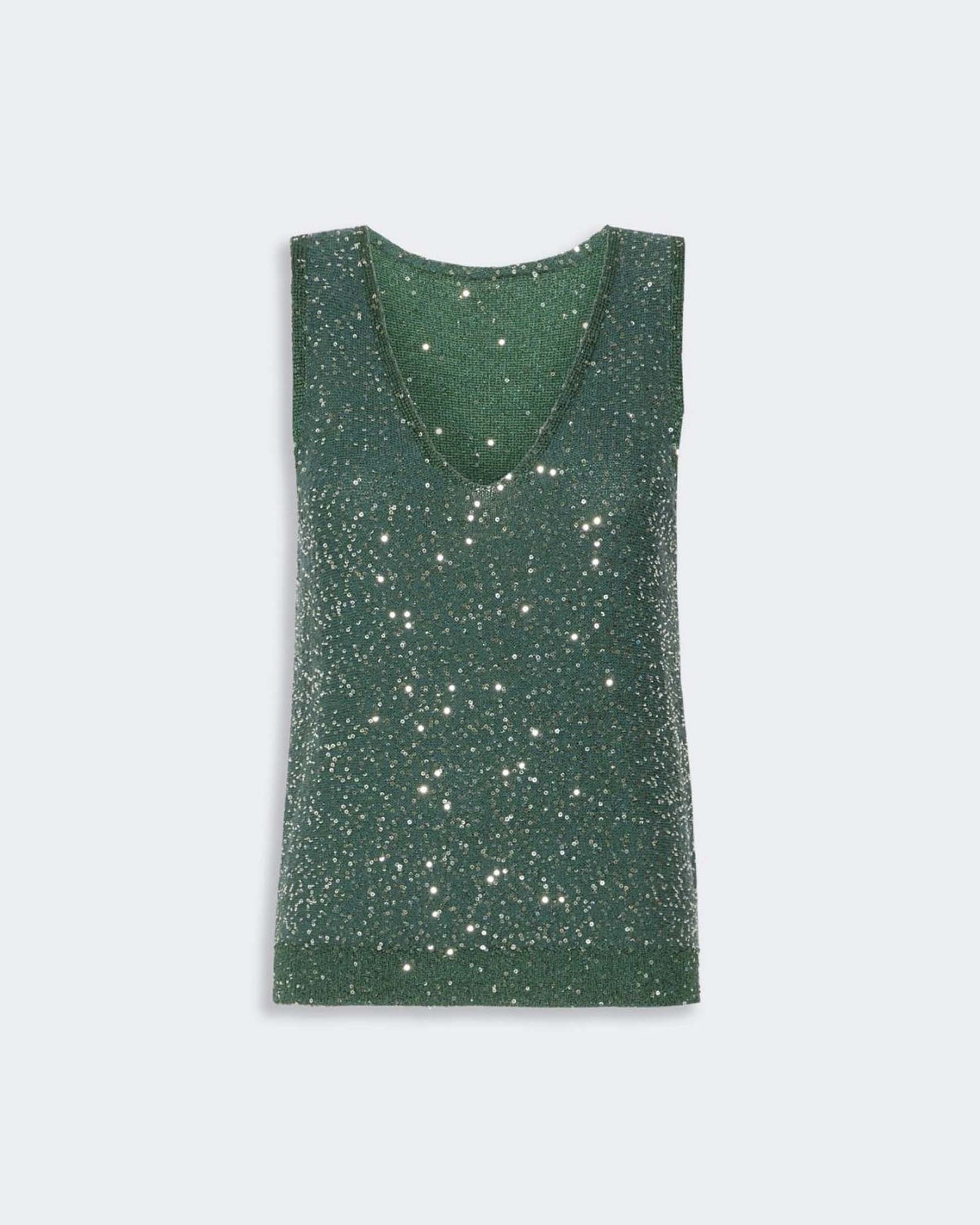 Maglia smanicata Weekend Max Mara verde scuro con micro paillettes e scollo a V image