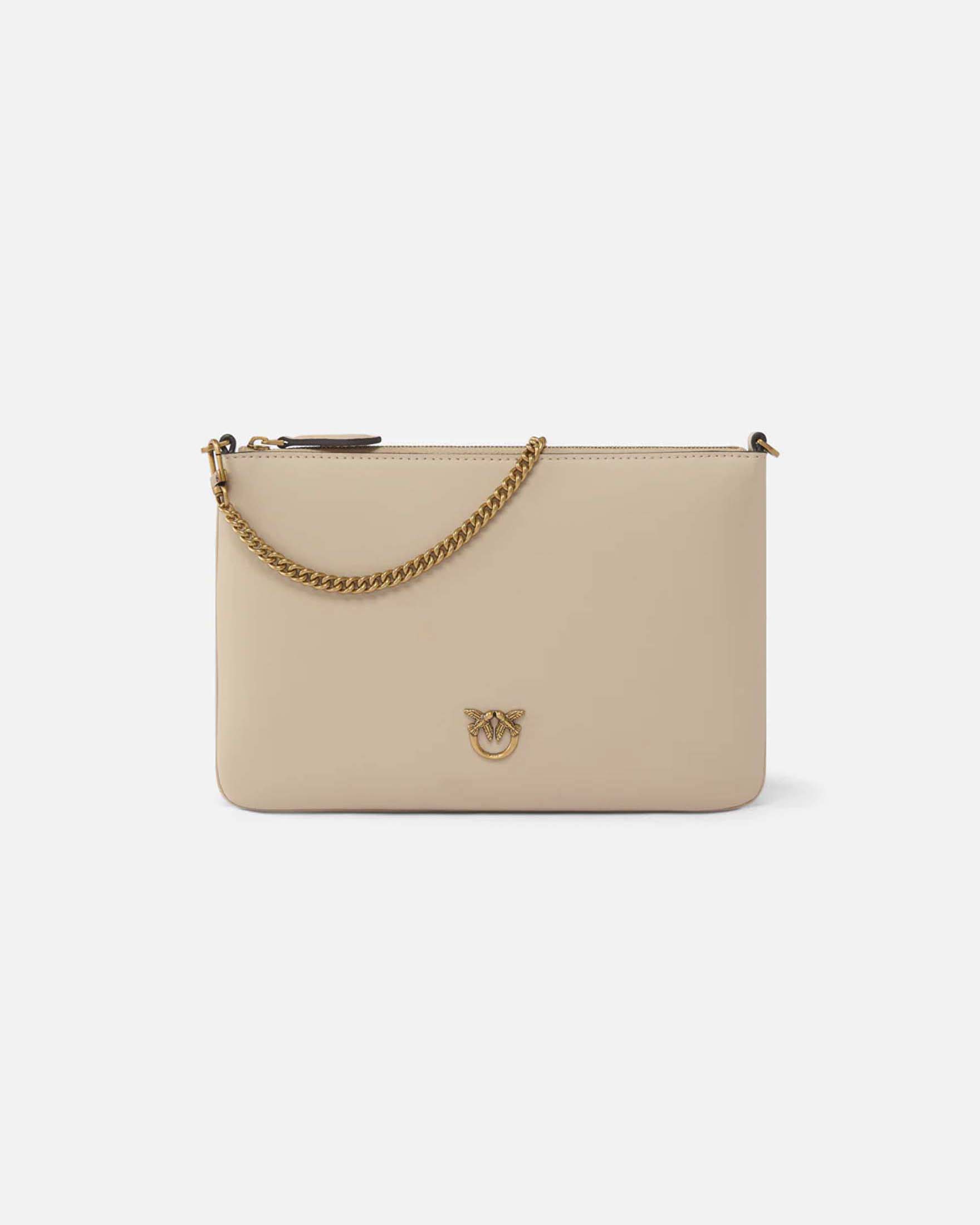 Busta Flat Love Bag Simply Pinko beige con tracolla a catena e logo Love Birds dorati