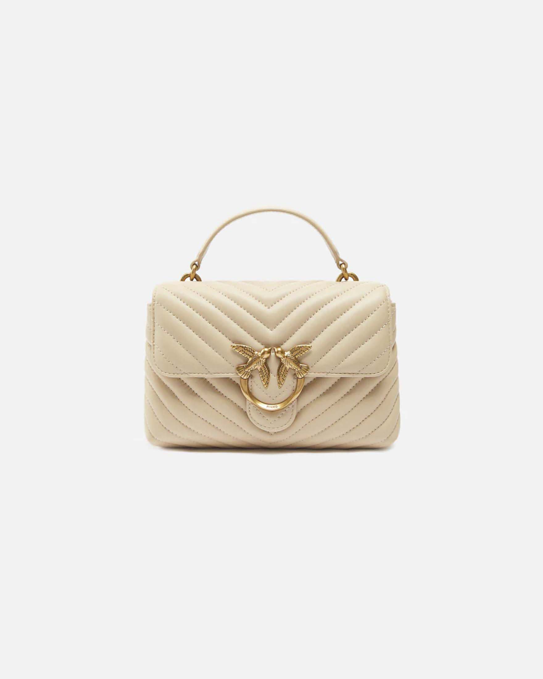 Pinko — Borsa piccola a mano Lady Love Bag Puff Chevron Pinko beige in pelle con fibbia logo e catena dorate