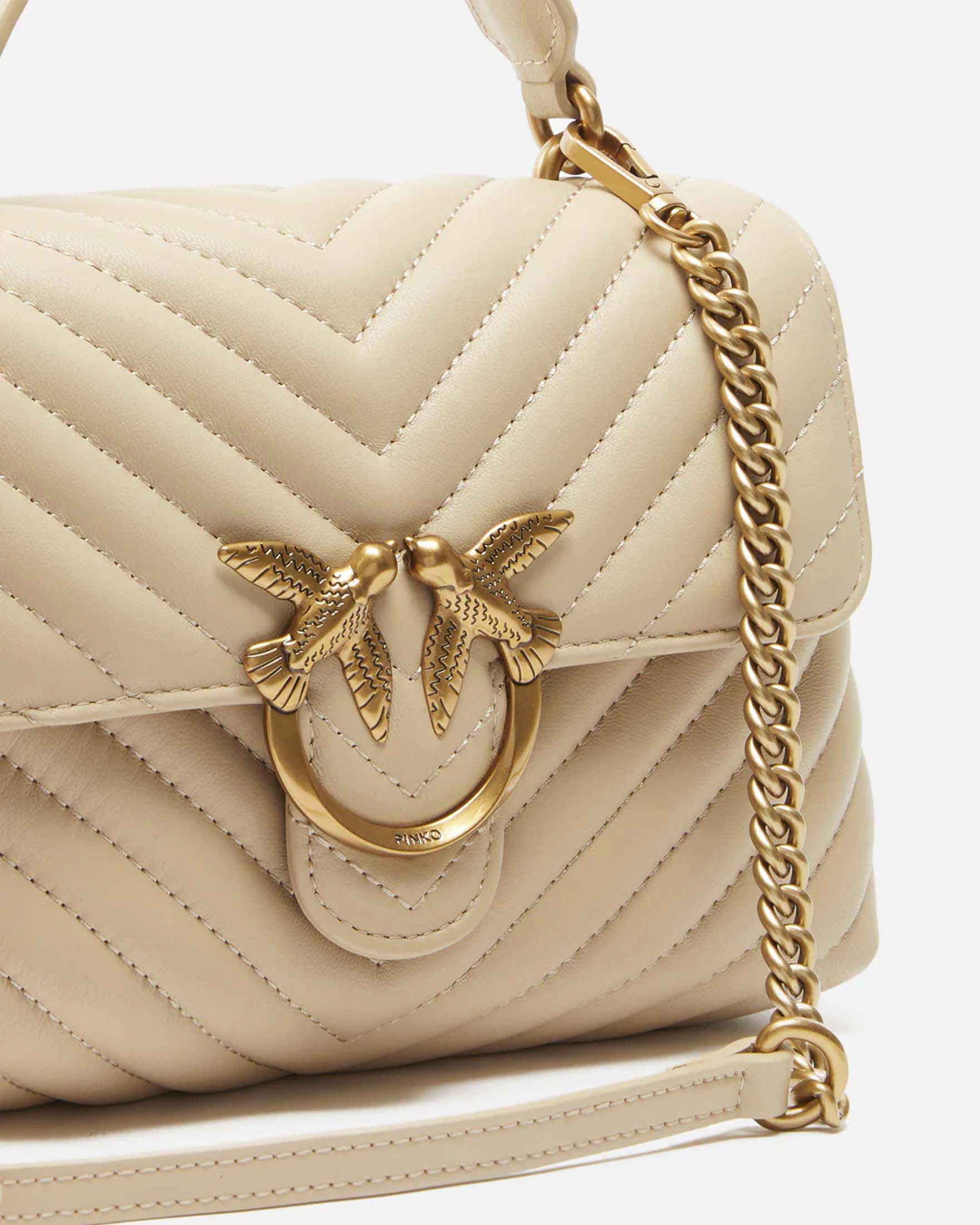 Borsa piccola a mano Lady Love Bag Puff Chevron Pinko beige in pelle con fibbia logo e catena dorate image