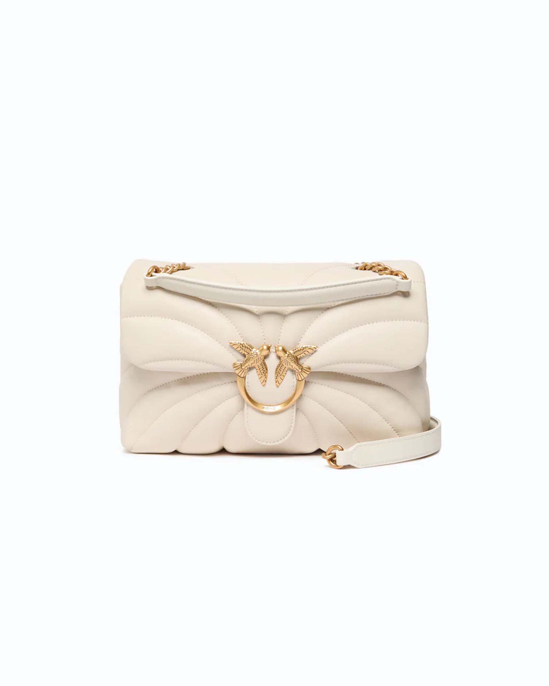 Borsa a tracolla grande Classic Love Bag Puff Butterfly Pinko bianca in nappa trapuntata con dettagli dorati