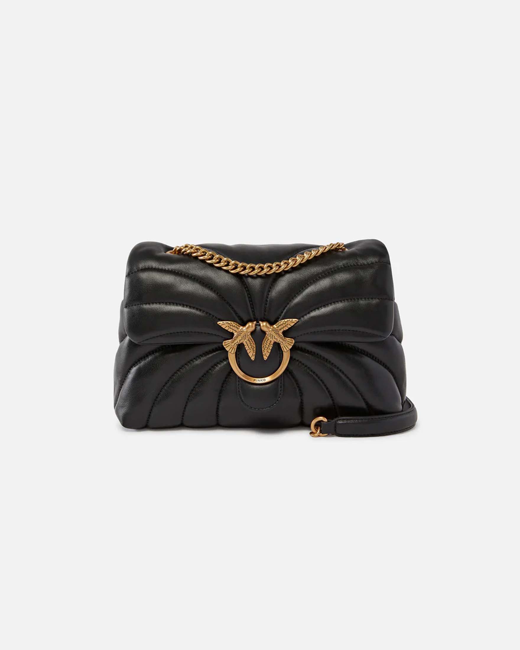 Borsa a tracolla grande Classic Love Bag Puff Butterfly Pinko nera in nappa trapuntata con dettagli dorati