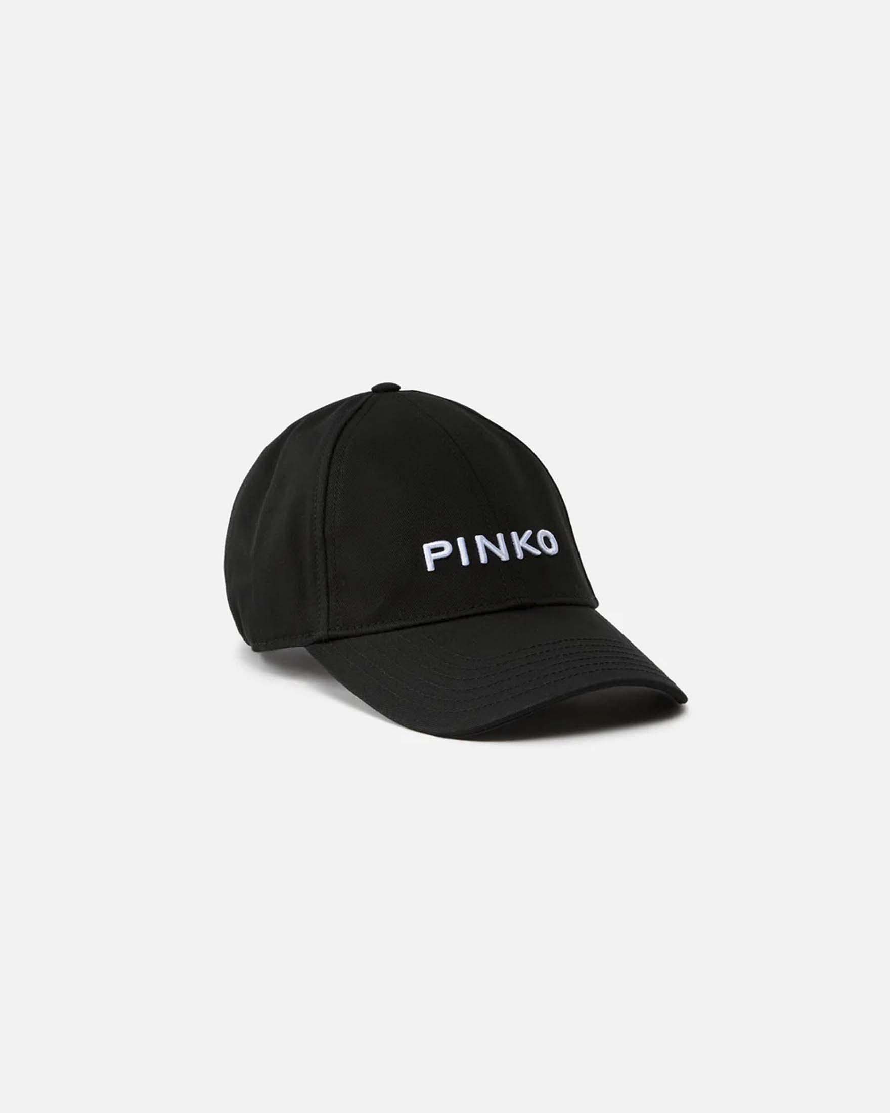 Cappello con visiera Pinko in puro cotone nero con logo lettering ricamato a contrasto