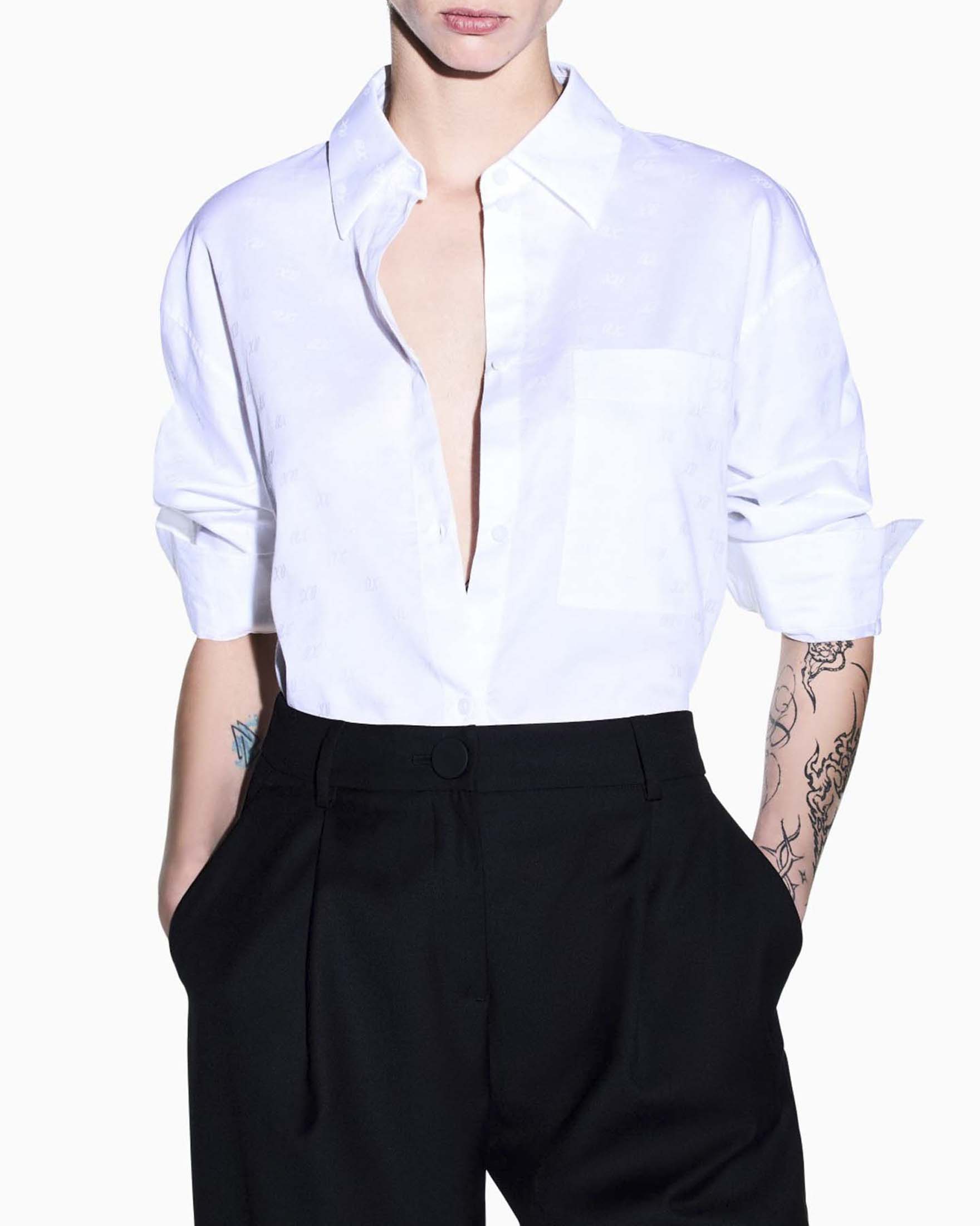 Camicia cropped Armani Exchange bianca in puro cotone jacquard