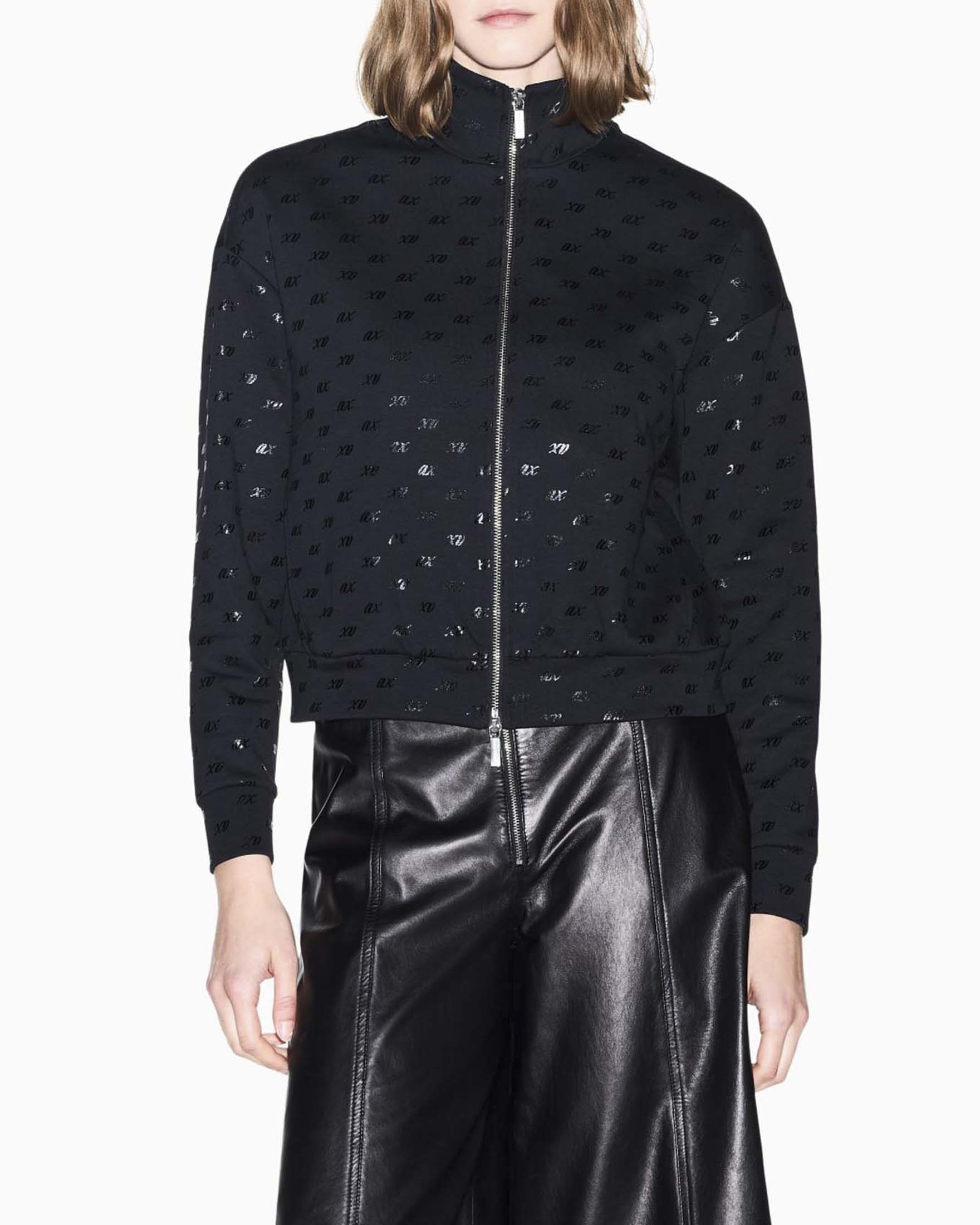 Felpa con zip Armani Exchange in jersey nera double face con stampa logo all-over