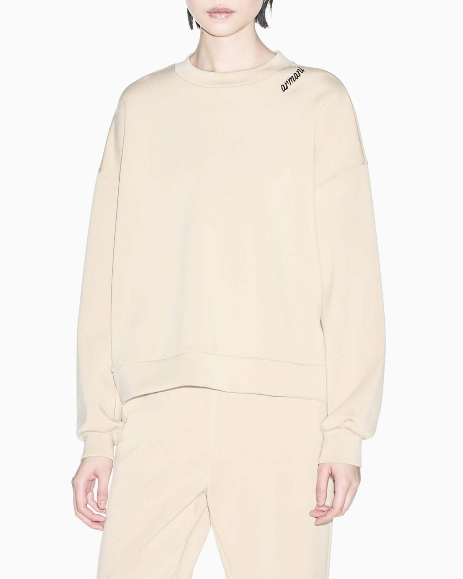 Felpa girocollo Armani Exchange beige in tessuto scuba stretch con bordi a coste