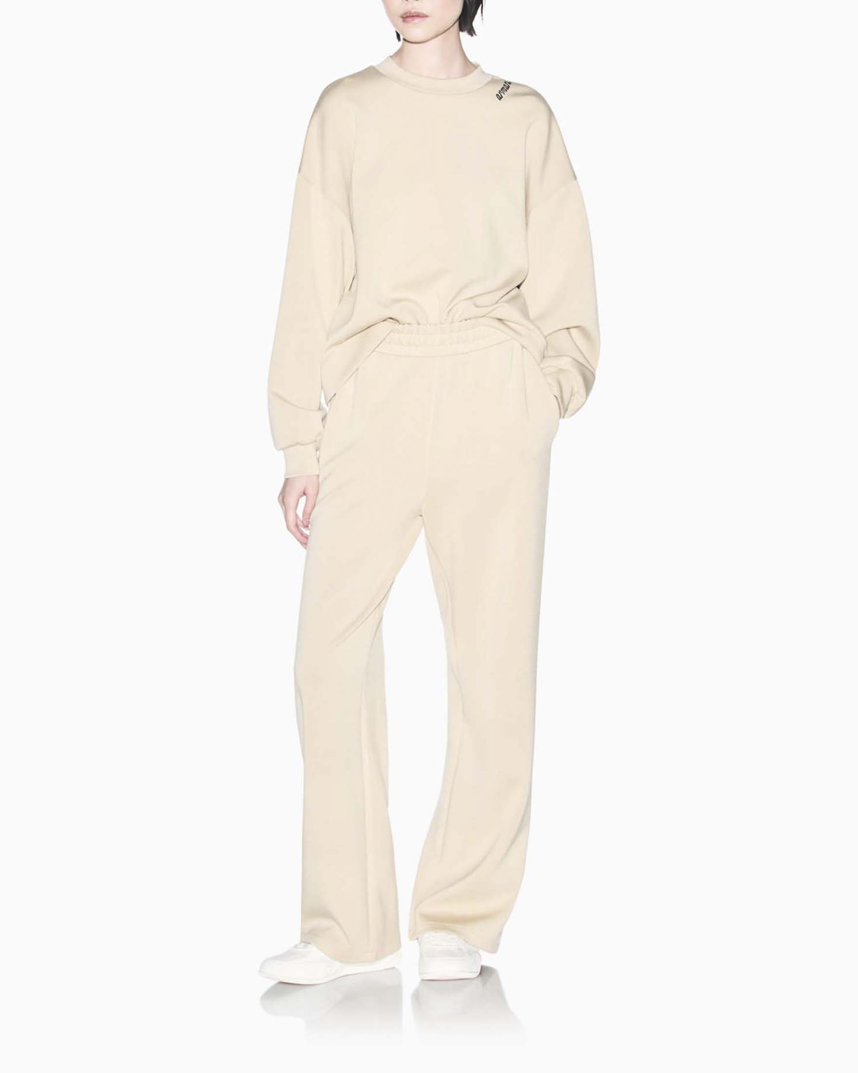 Felpa girocollo Armani Exchange beige in tessuto scuba stretch con bordi a coste image