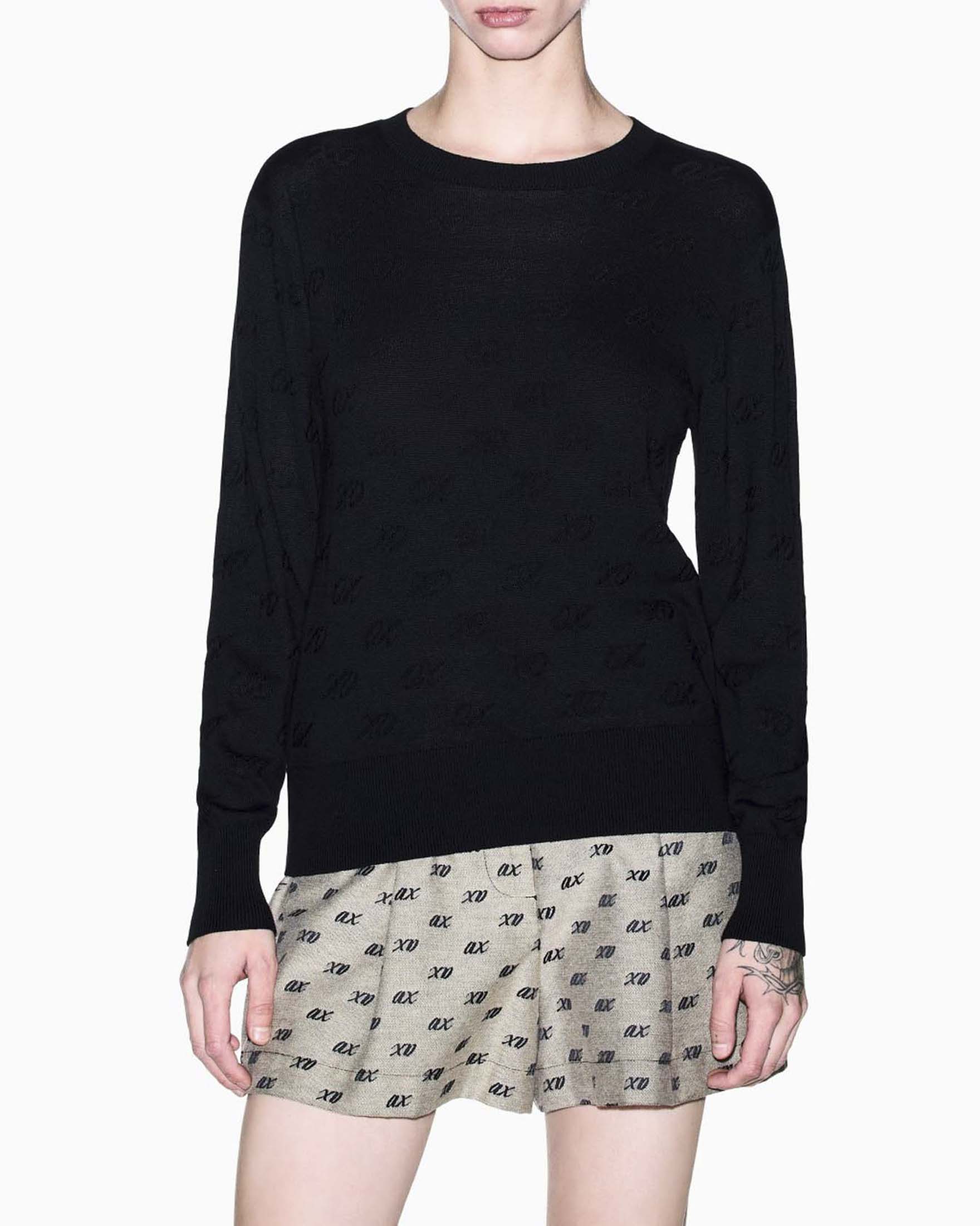 Armani Exchange — Pullover girocollo Armani Exchange nero in viscosa cotone e seta con lavorazione goffrata