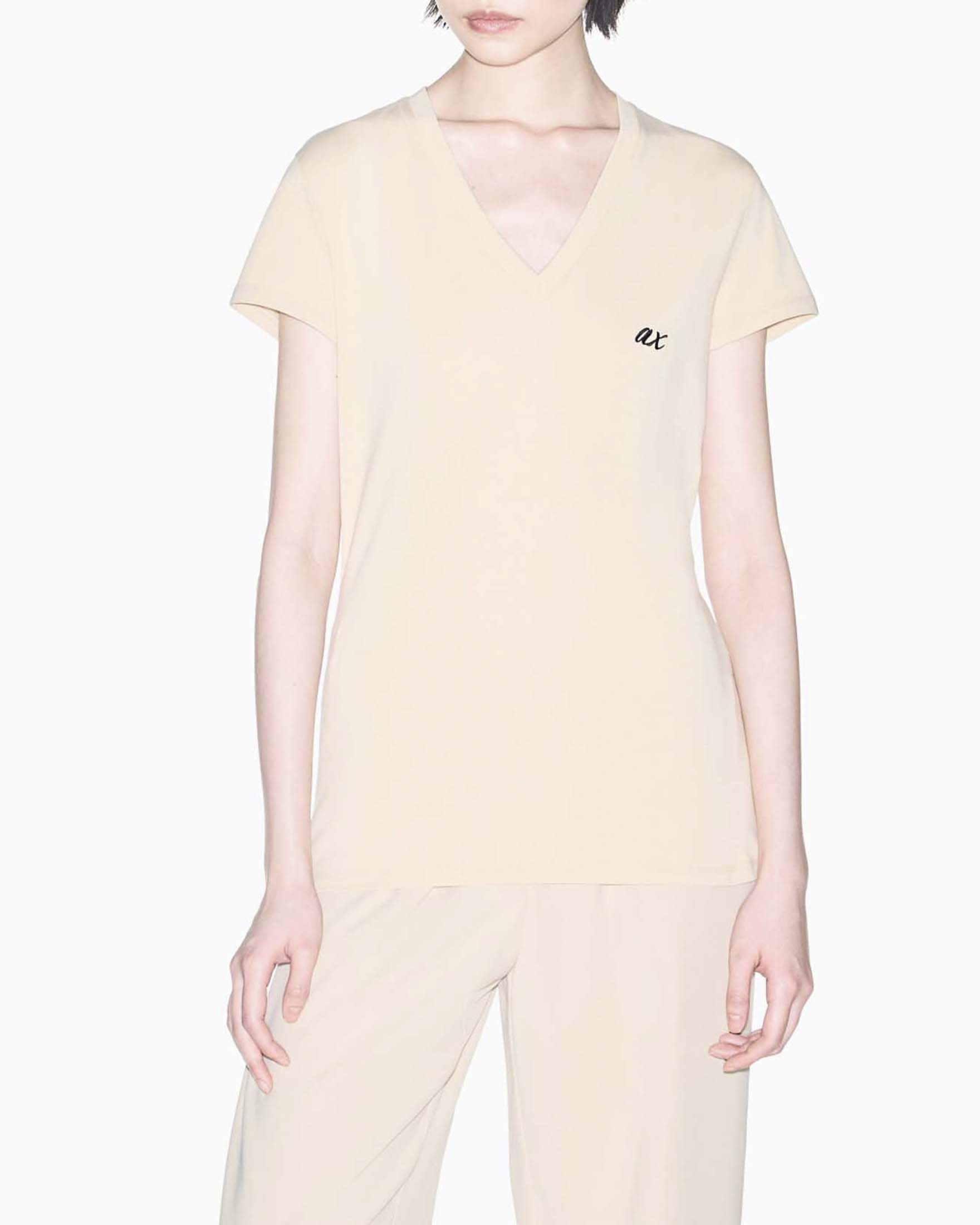 T-shirt slim Armani Exchange beige in cotone con scollo a V e loo a contrasto