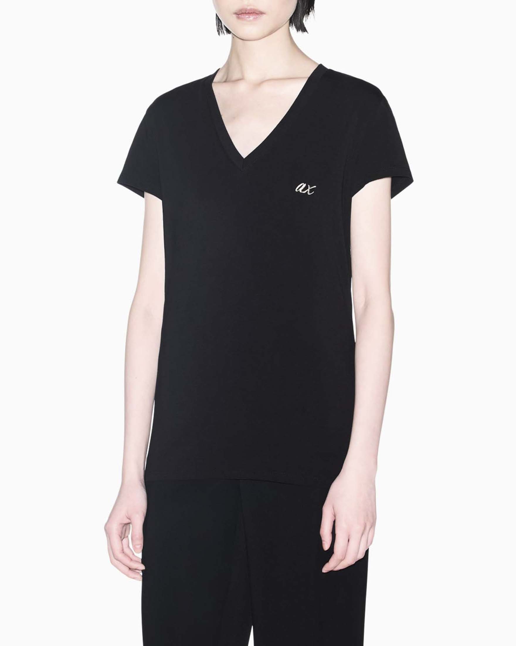 T-shirt slim Armani Exchange nera in cotone con scollo a V e loo a contrasto