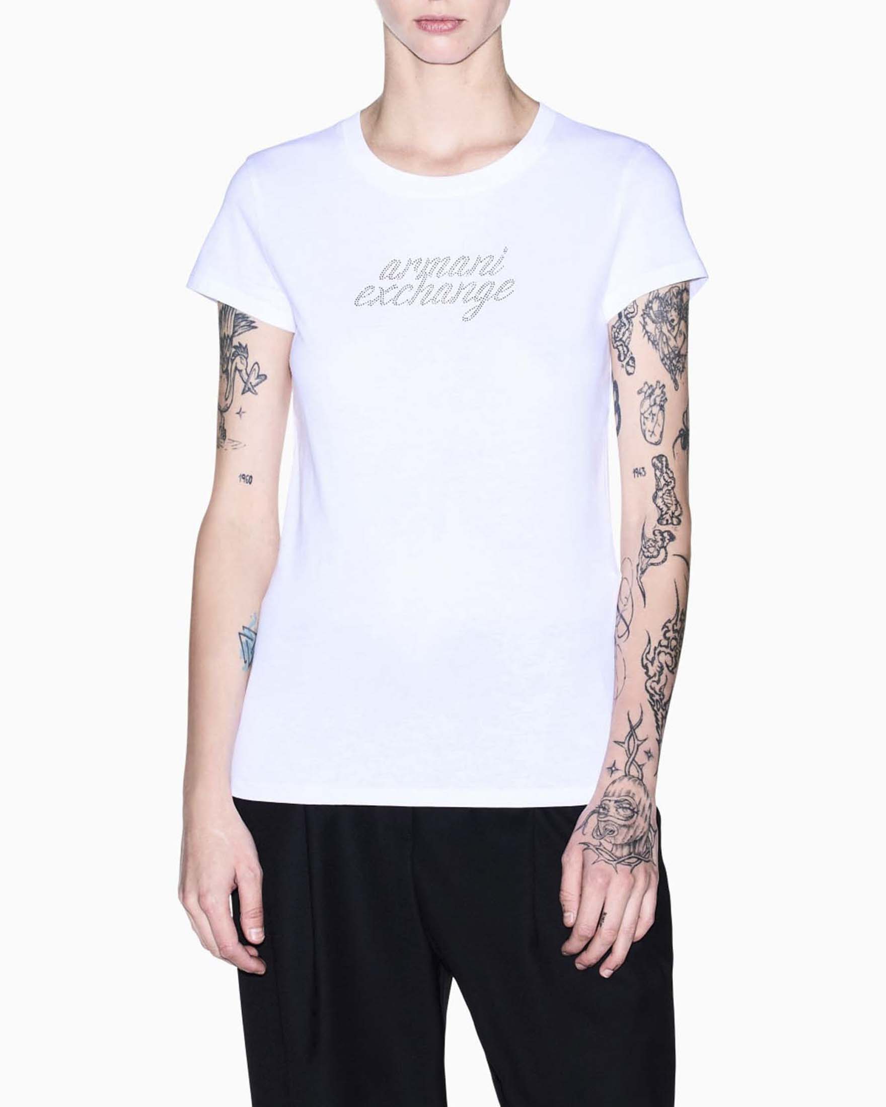T-shirt slim Armani Exchange bianca in cotone con scollo a giro e scritta logo in strass argento