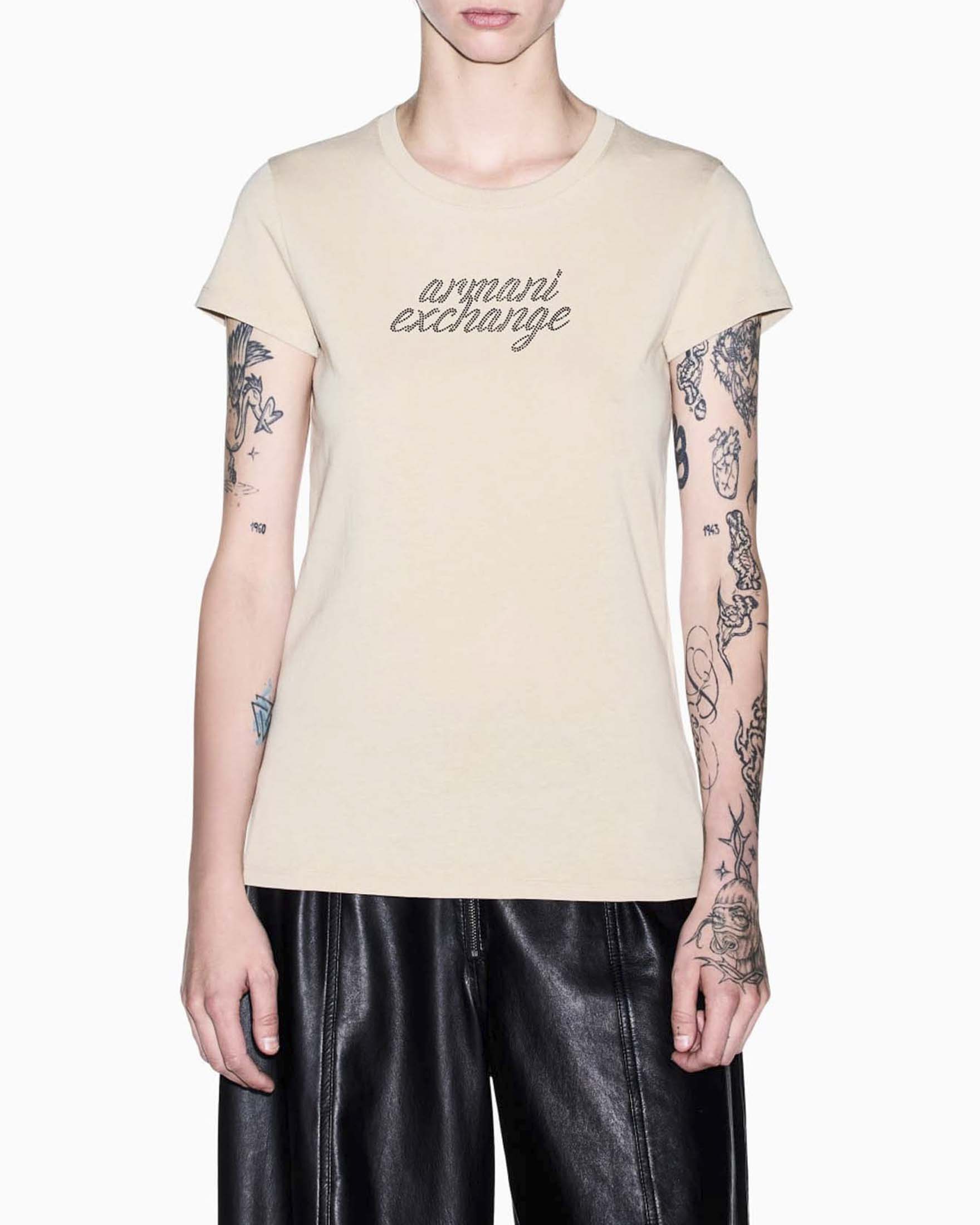 T-shirt slim Armani Exchange beige in cotone con scollo a giro e scritta logo in strass