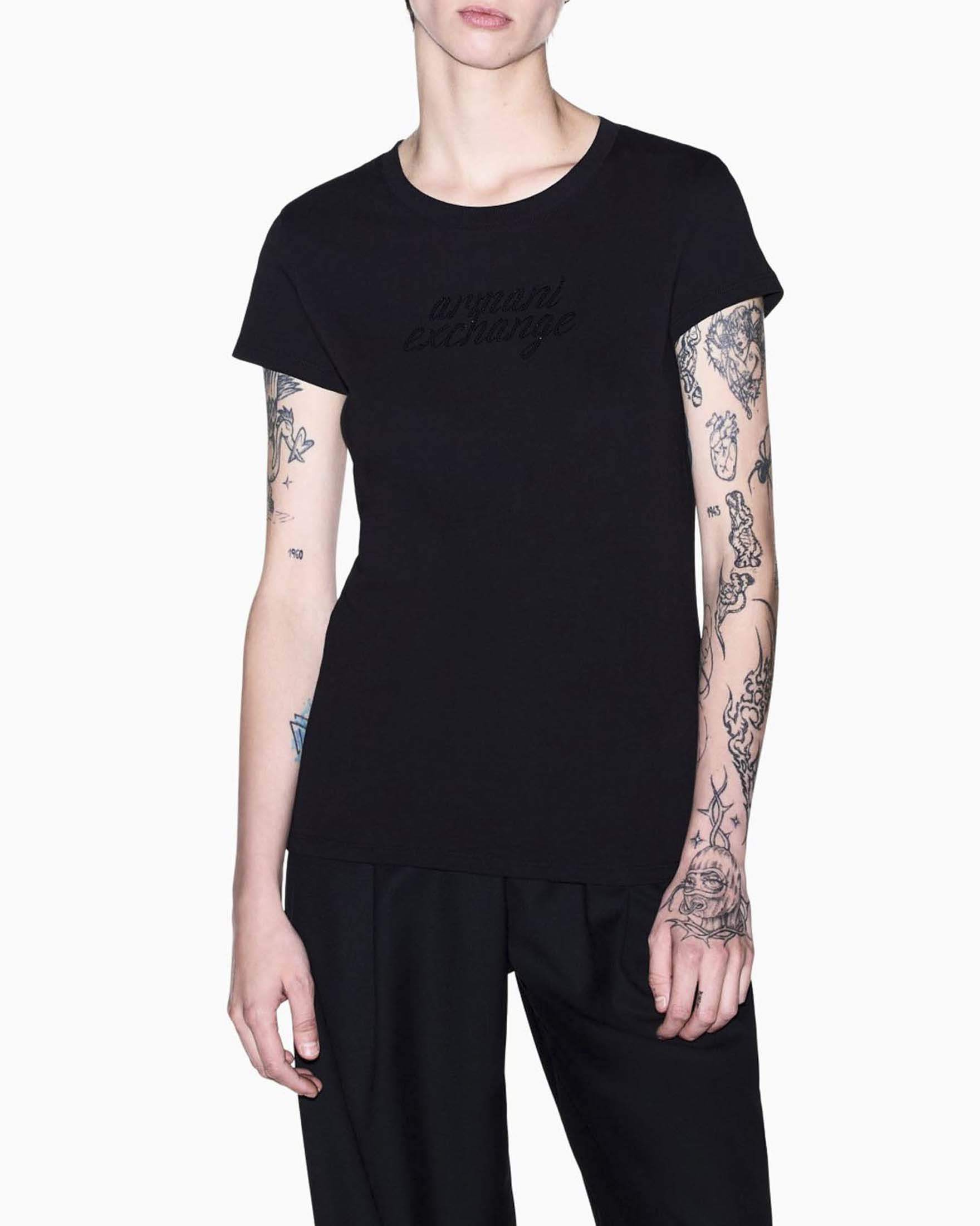 Armani Exchange — T-shirt slim Armani Exchange nera in cotone con scollo a giro e scritta logo in strass