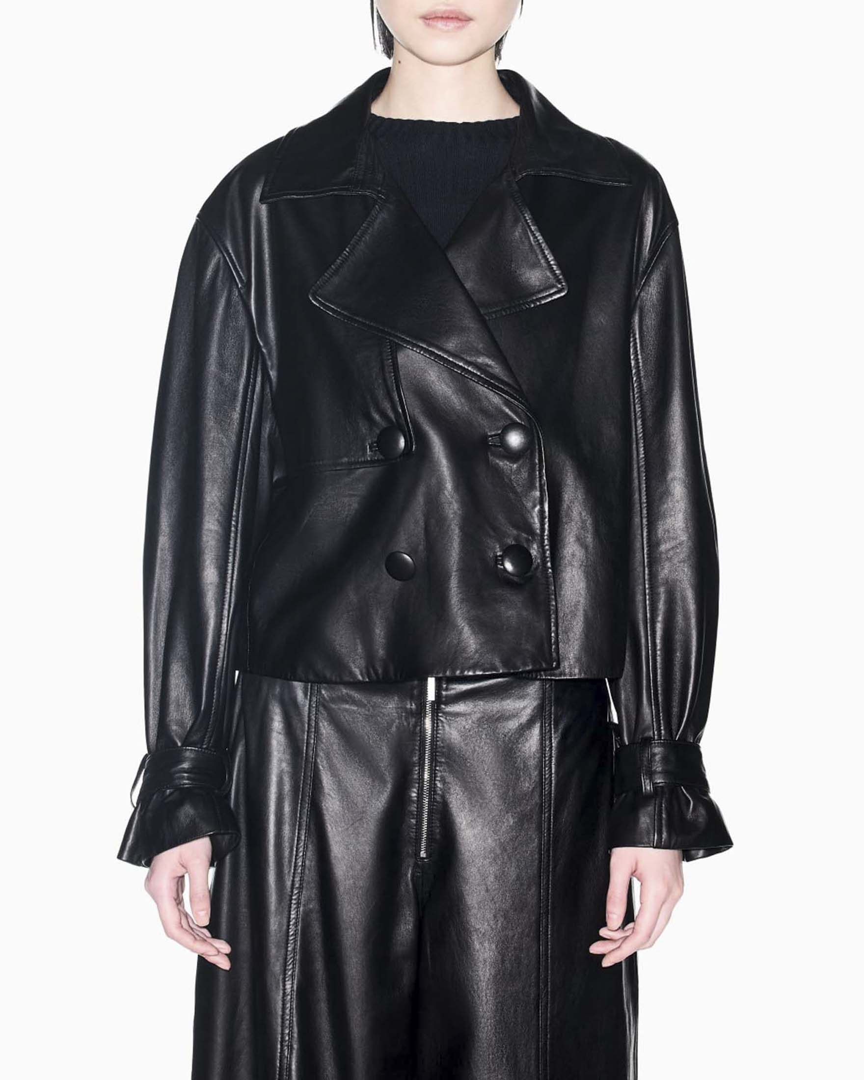 Trench corto doppiopetto Armani Exchange nero in pelle con polsini regolabili
