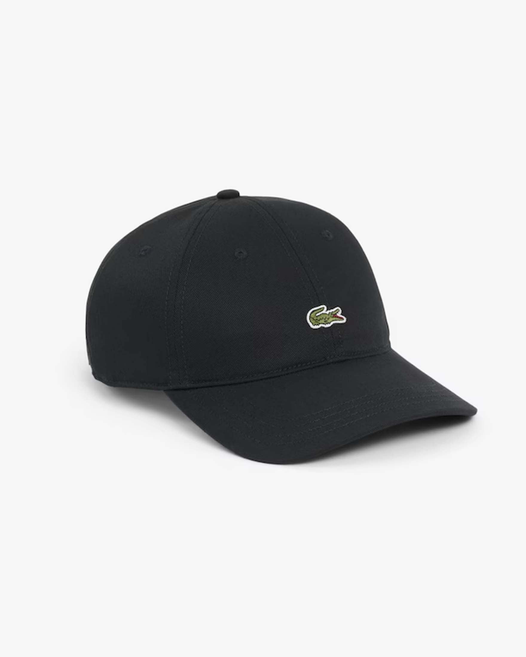 Lacoste — Cappello con visiera Lacoste nero in twill di puro cotone con coccodrillo ricamato a contrasto