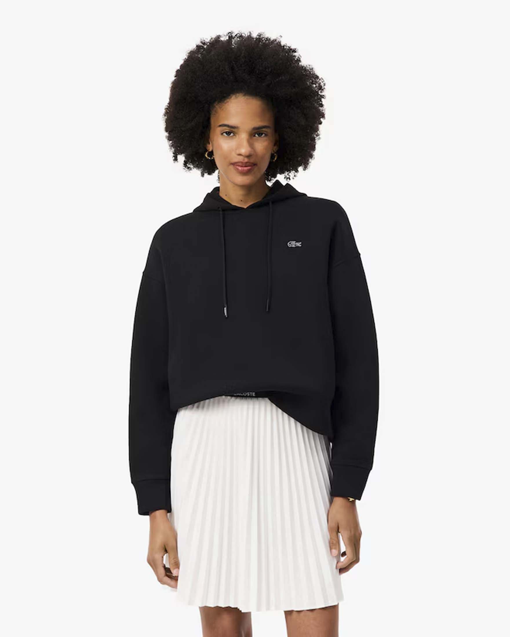 Felpa ovesize con cappuccio Lacoste nera in jersey double face con coulisse e coccodrillo ricamato