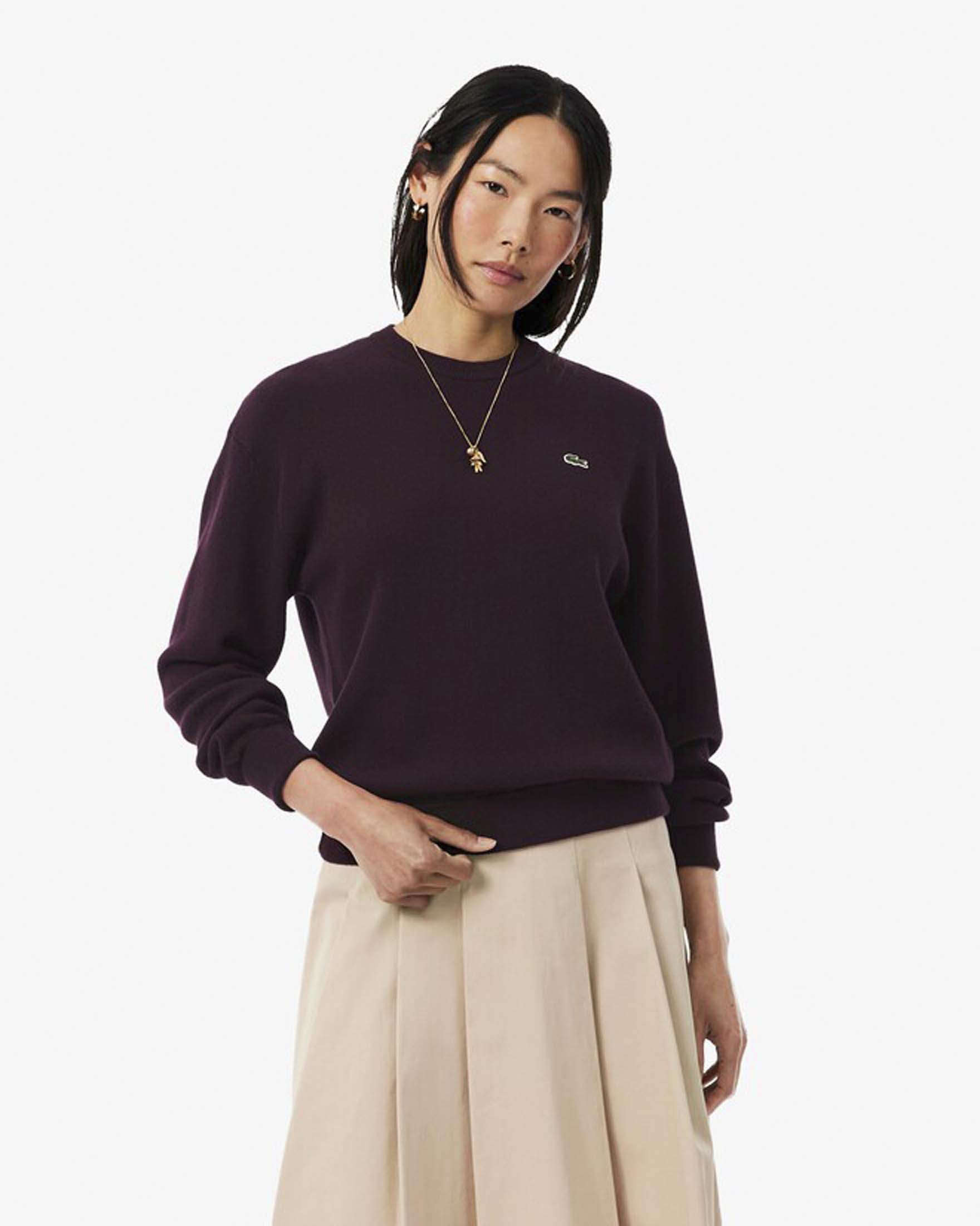 Maglione girocollo Lacoste bordeaux in misto cotone e lana con spalla scesa e coccodrillo ricamato