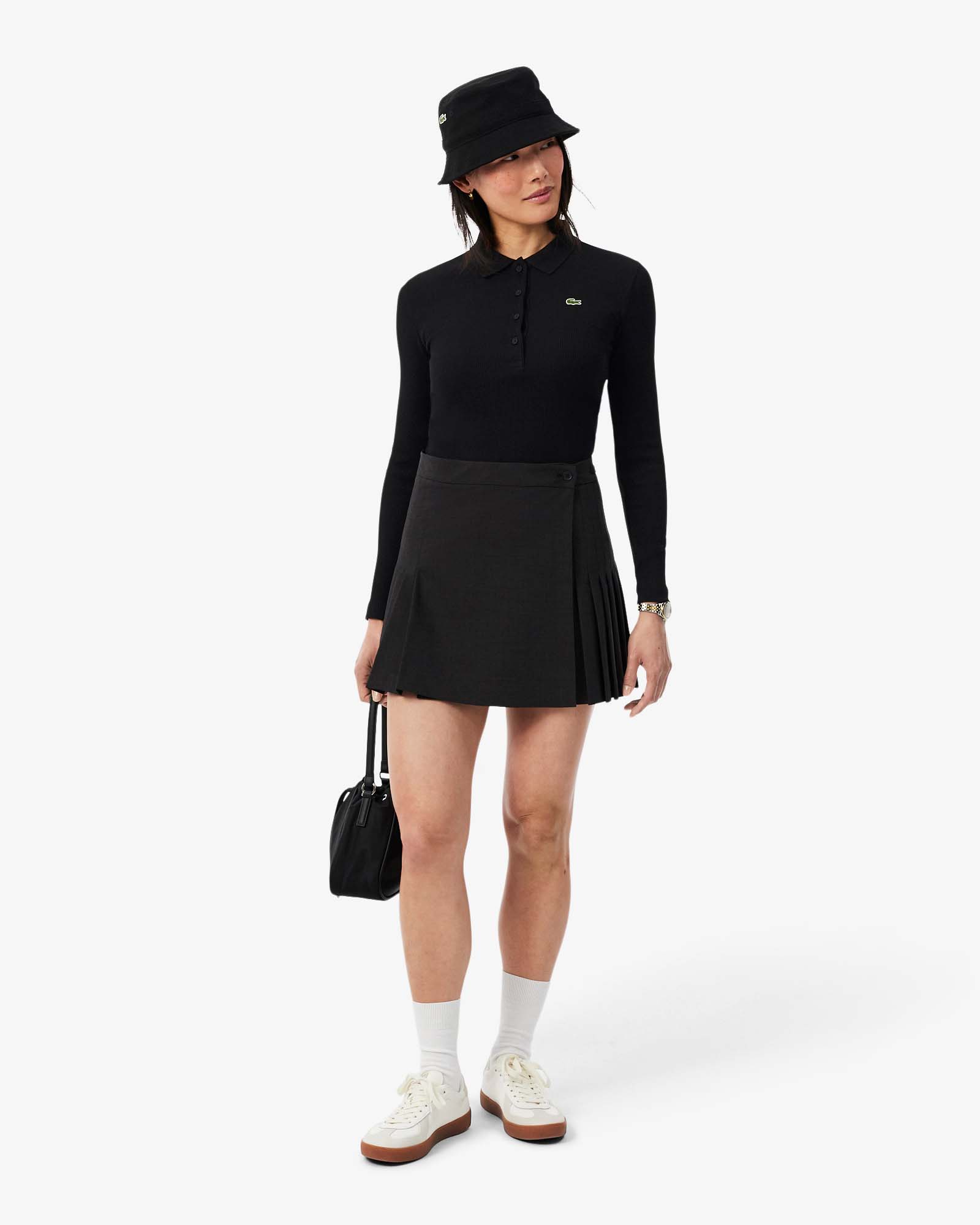 Polo slim maniche lunghe Lacoste nera in puro cotone a coste con coccodrillo ricamato a contrasto