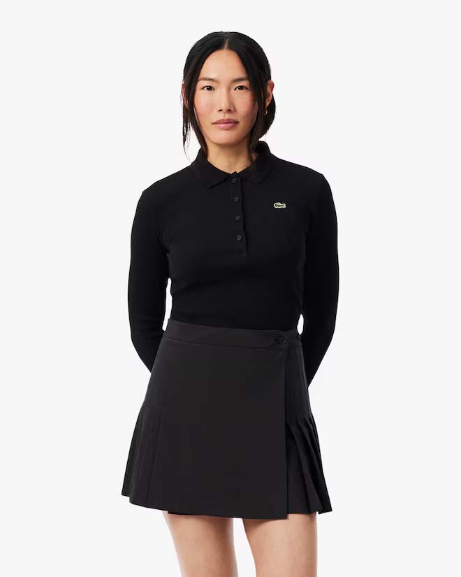 Polo slim maniche lunghe Lacoste nera in puro cotone a coste con coccodrillo ricamato a contrasto image