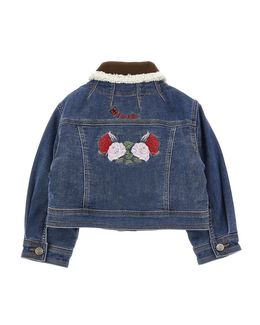 Giacca in denim Monnalisa con colletto rimovibile in suede e fiori ricamati. image