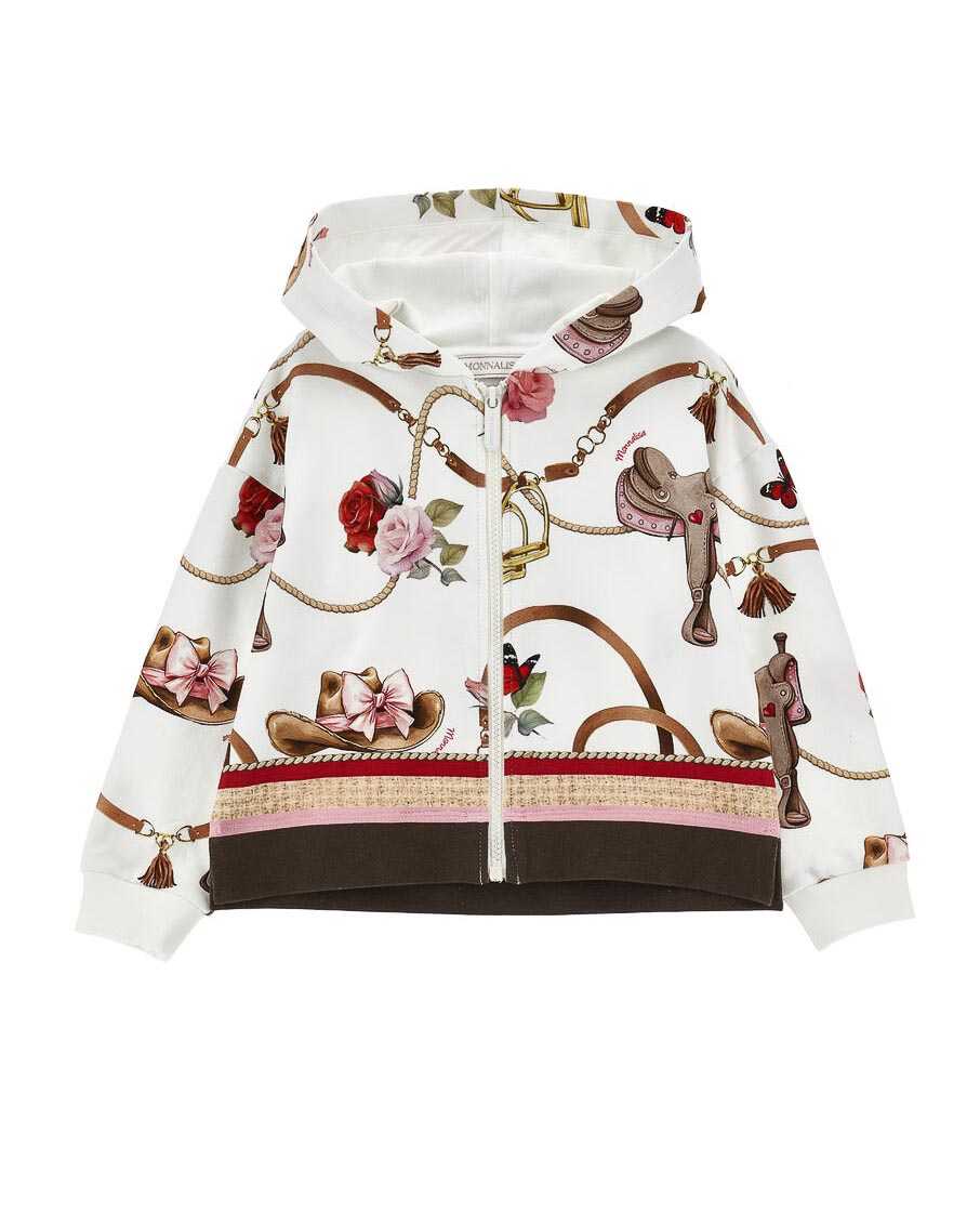 Felpa avorio Monnalisa con cappuccio e zip e stampa country all over