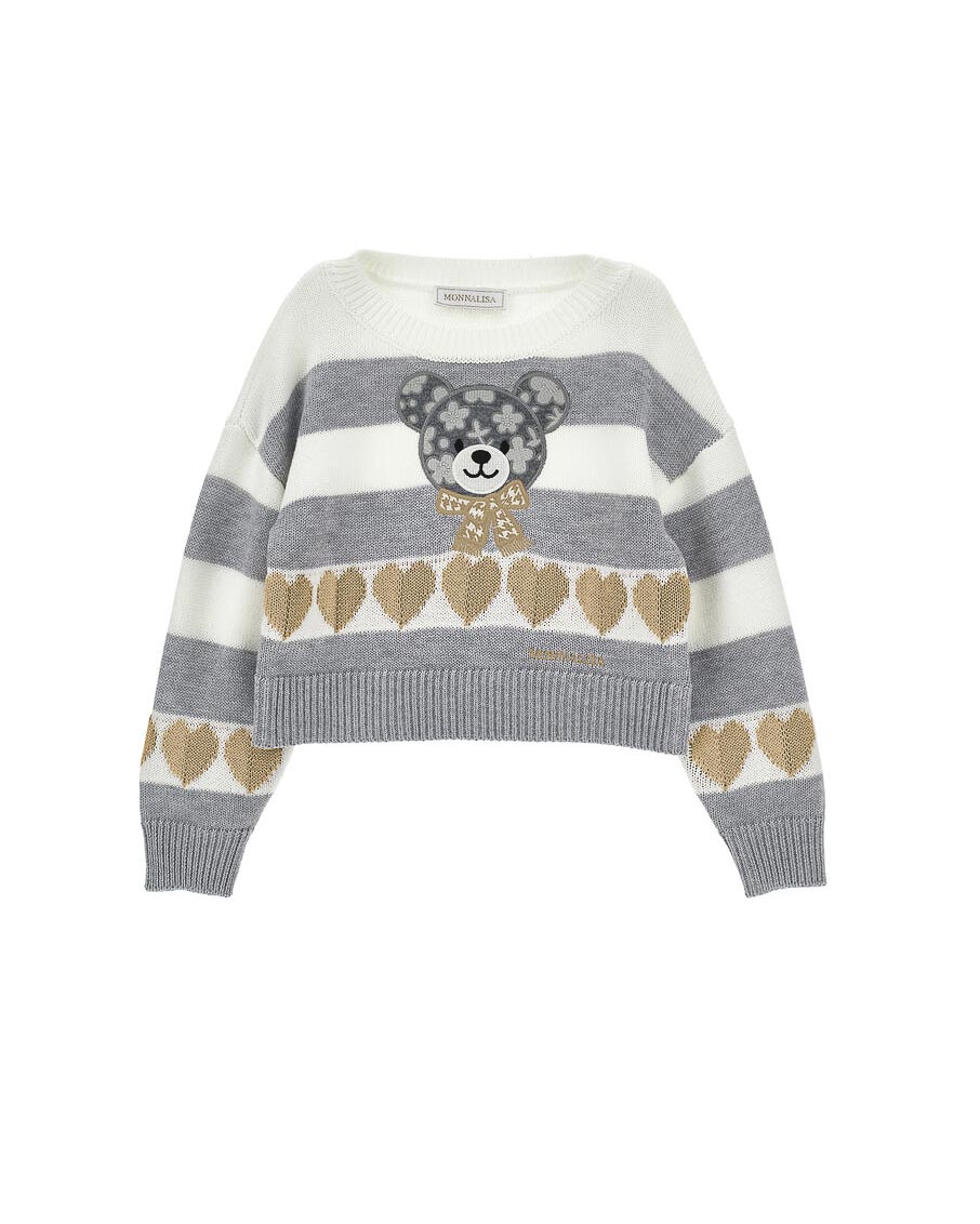 Maglioncino Monnalisa avorio e grigio a righe con cuori e orsetto