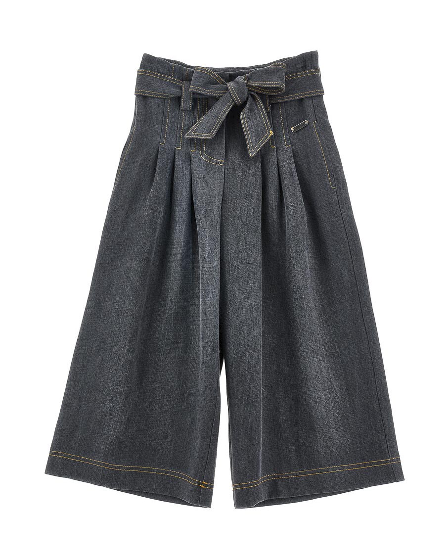 Pantalone palazzo Monnalisa in denim grigio con fiocco in vita