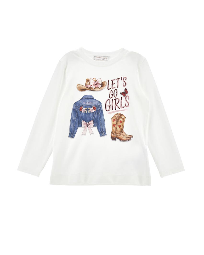 T-shirt avorio Monnalisa in misto cotone a maniche lunghe con stampa cowgirl