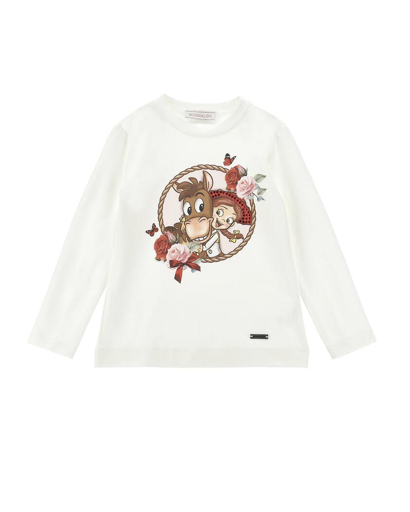T-shirt avorio Monnalisa in misto cotone a maniche lunghe con stampa Toy Story