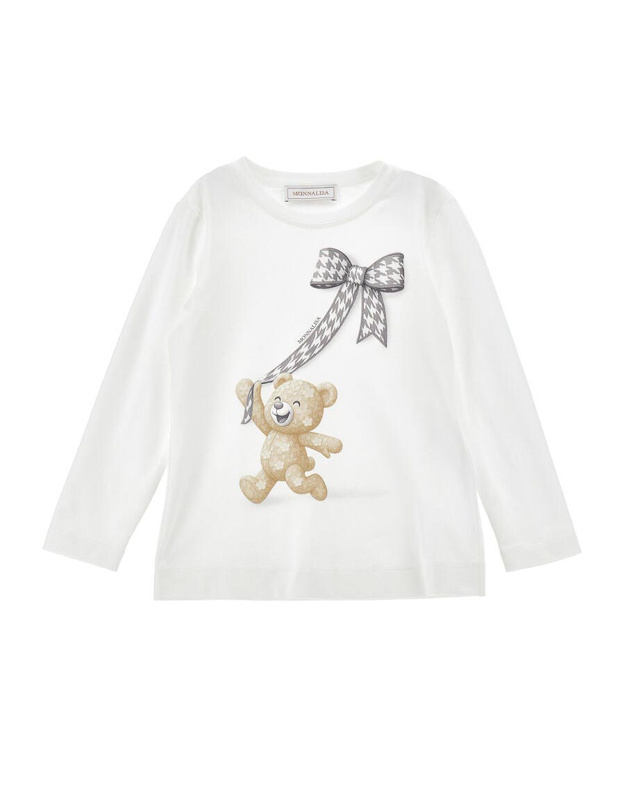T-shirt avorio Monnalisa in misto cotone a maniche lunghe con stampa orsetto con fiocco