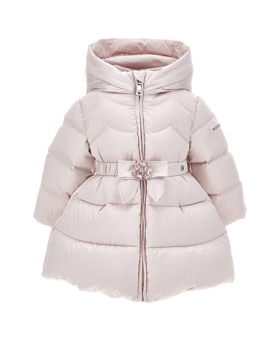 Maxi piumino rosa cipria Monnalisa con cappuccio e cintura con fiocco