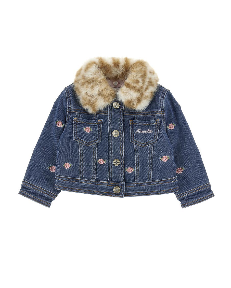 Giacca in denim Monnalisa con colletto rimovibile in ecopelliccia maculata e roselline