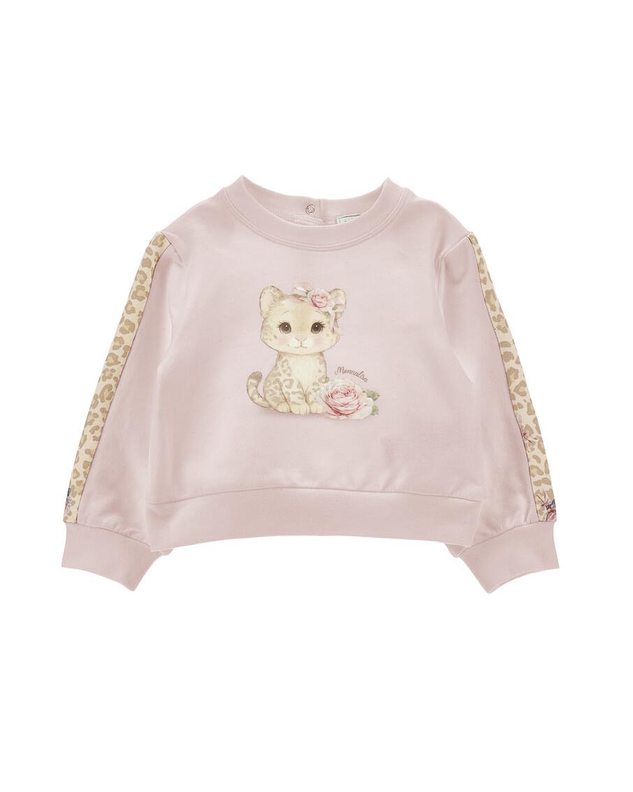 Felpa rosa Monnalisa in cotone stretch con stampa tigrotta sul davanti e bande leopardate