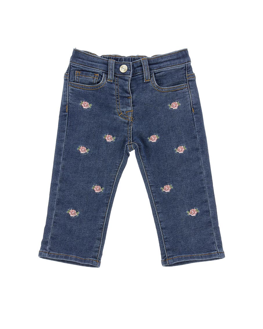 Jeans Monnalisa lavaggio scuro con roselline rosa all over