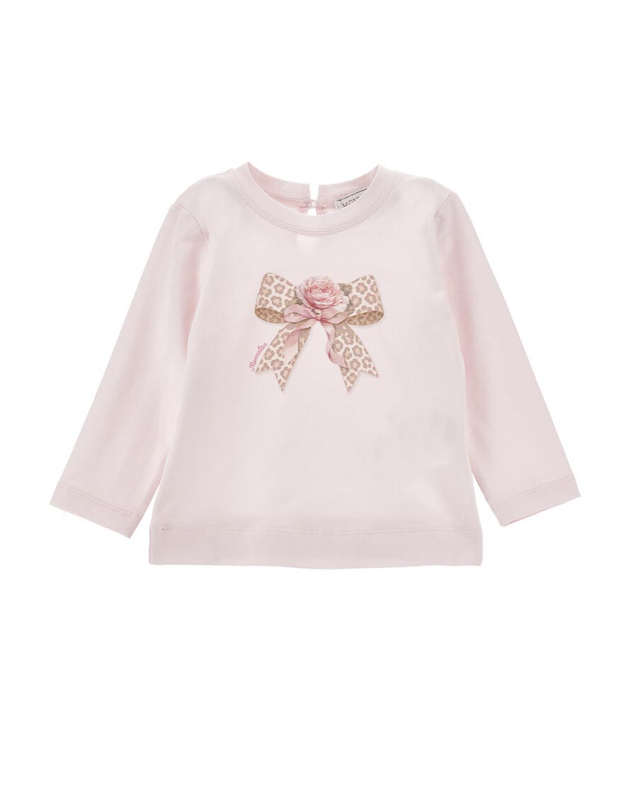 T-shirt rosa Monnalisa in puro cotone con fiocco leopardato e rosa sul petto