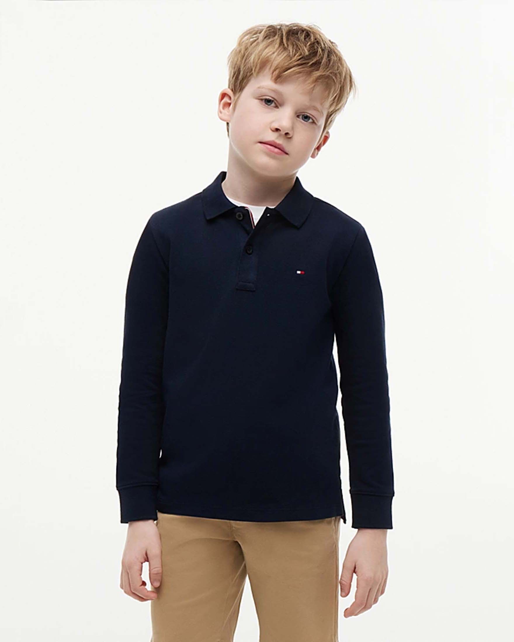 Polo Tommy Hilfiger blu in jersey di cotone a maniche lunghe