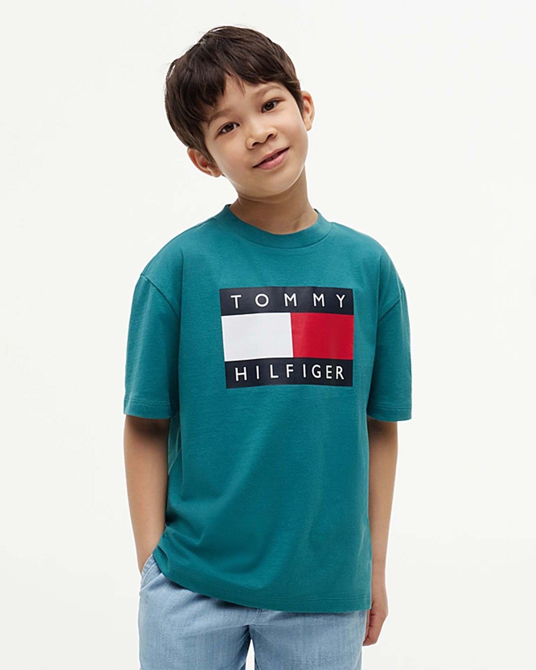 T-shirt color petrolio Tommy Hilfiger in puro cotone con bandiera logo ricamata
