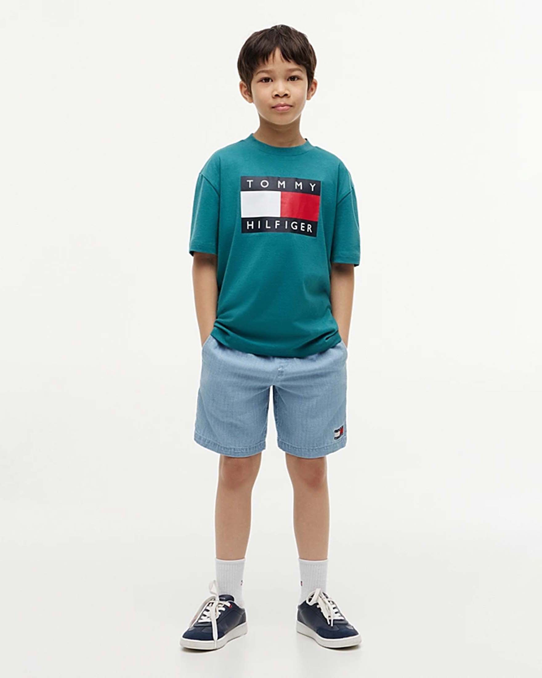 T-shirt color petrolio Tommy Hilfiger in puro cotone con bandiera logo ricamata image