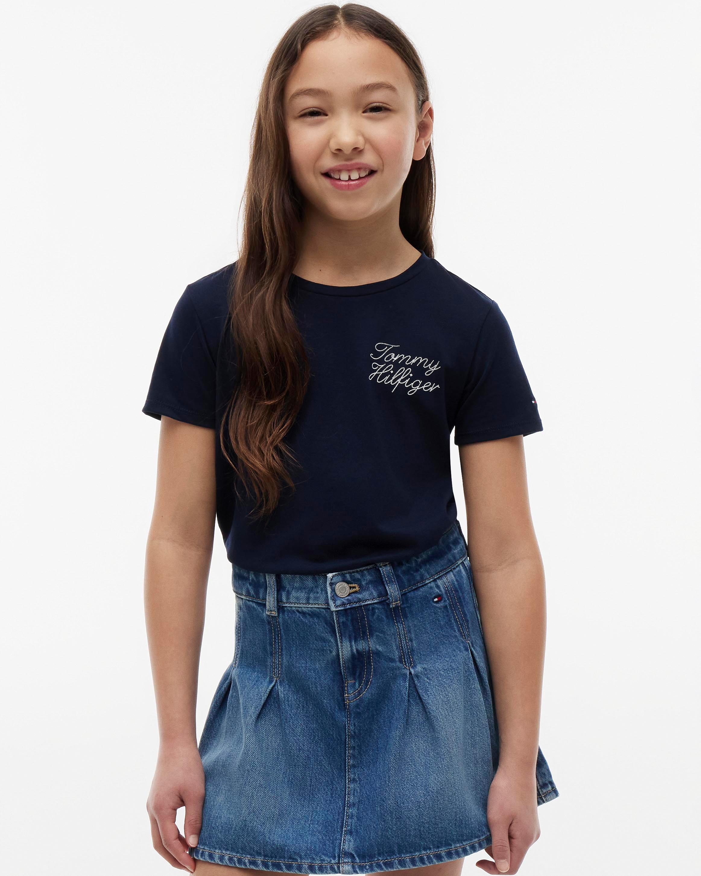 T-shirt blu Tommy Hilfiger in misto cotone con scritta logo bianca