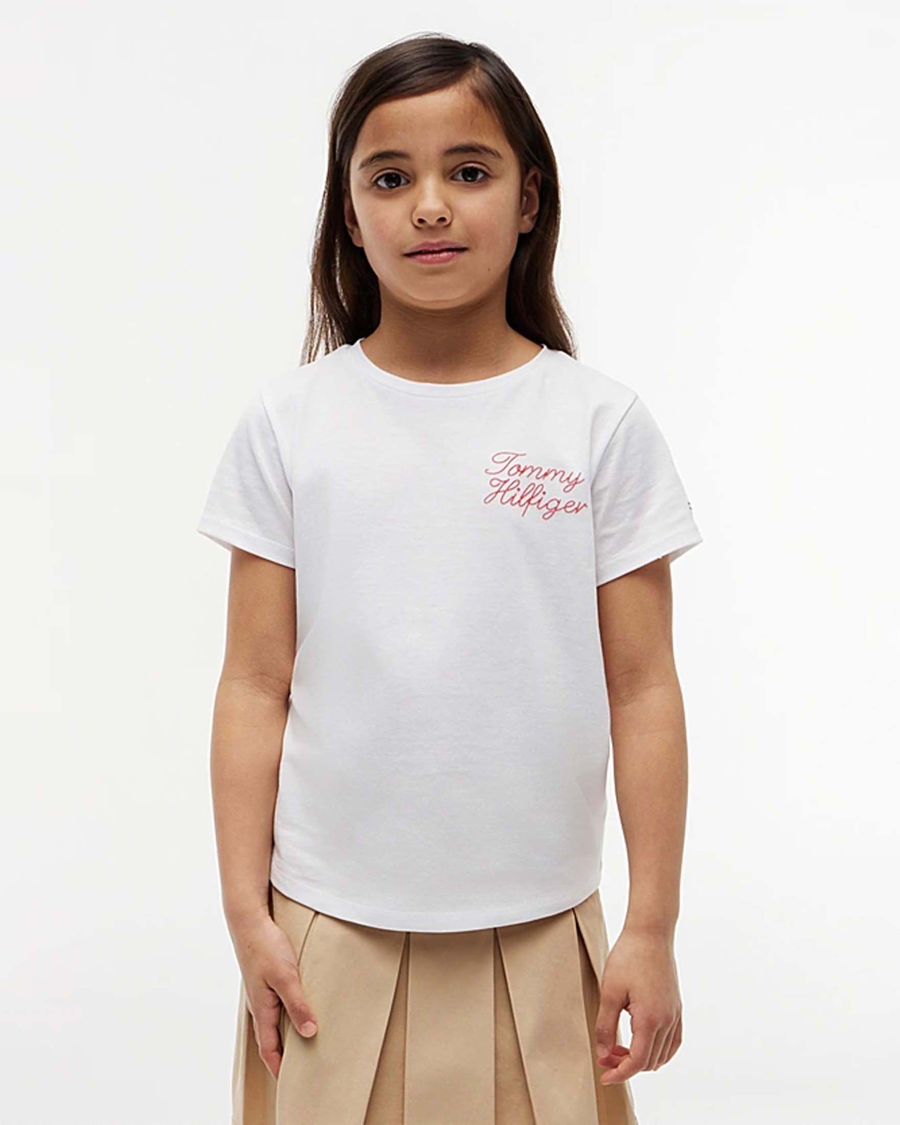 T-shirt bianca Tommy Hilfiger in misto cotone con scritta logo rossa