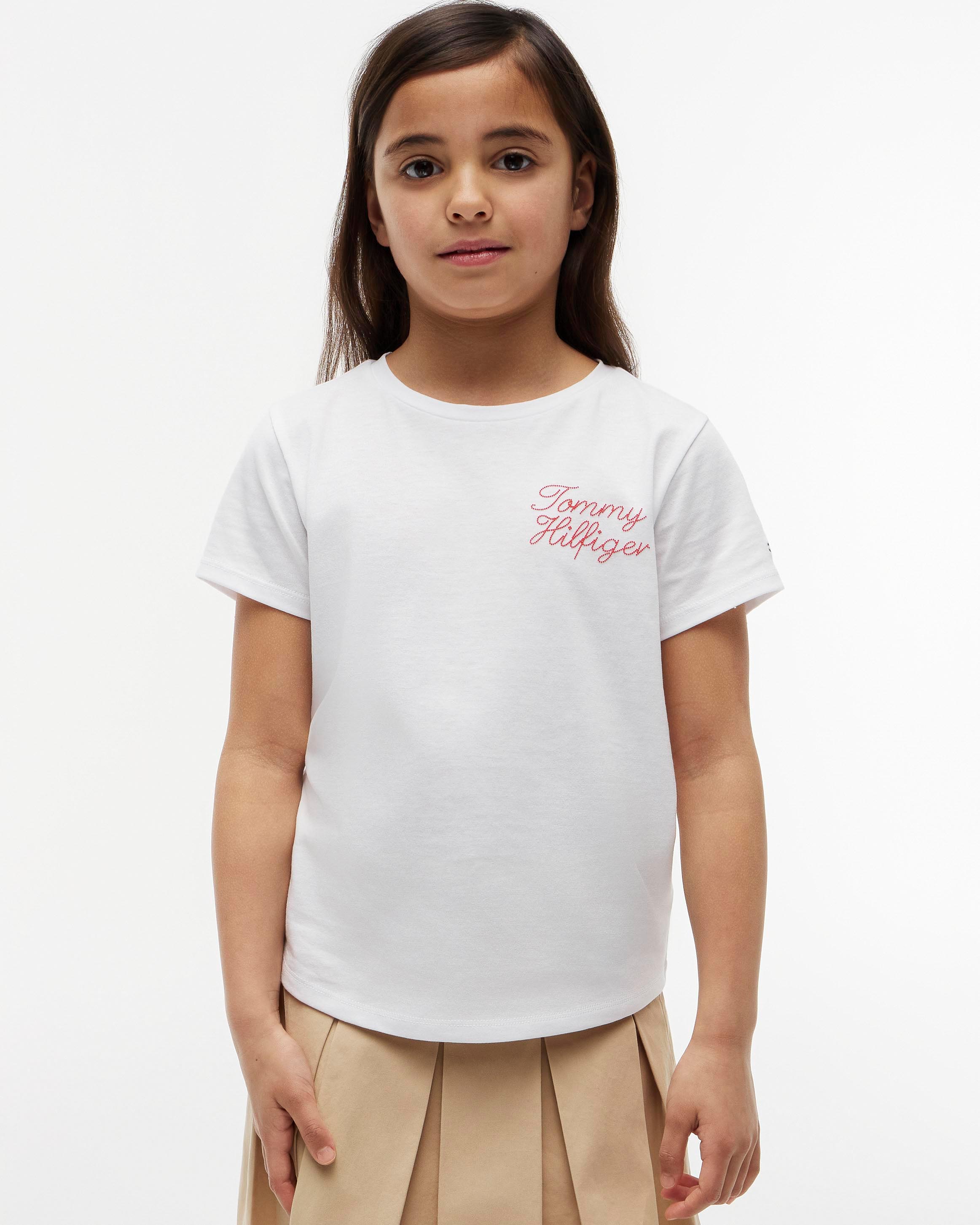 T-shirt bianca Tommy Hilfiger in misto cotone con scritta logo rossa